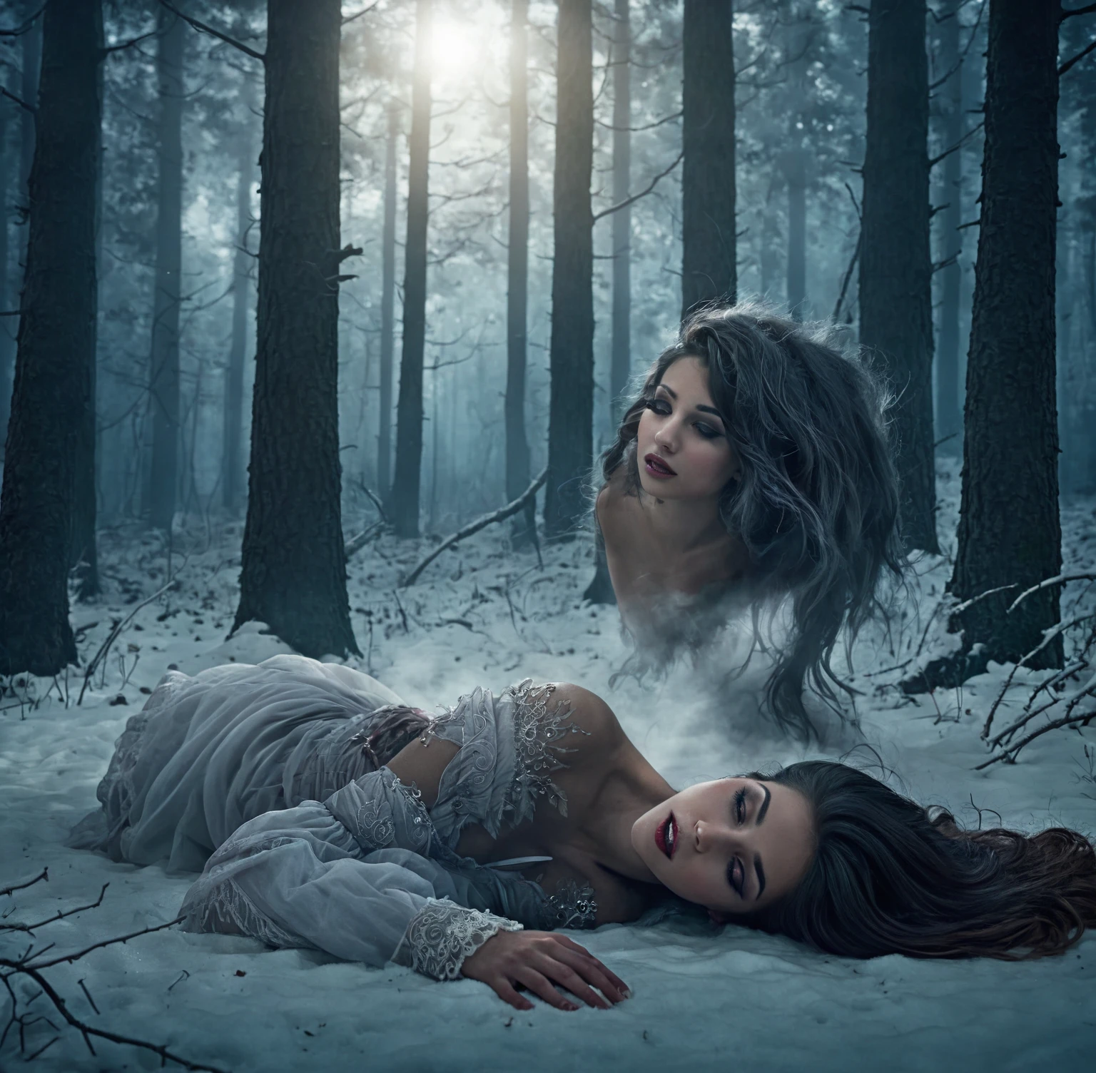  A beautiful woman died lying on the ground in the forest，A wolf was far from her ，Dark atmosphere 