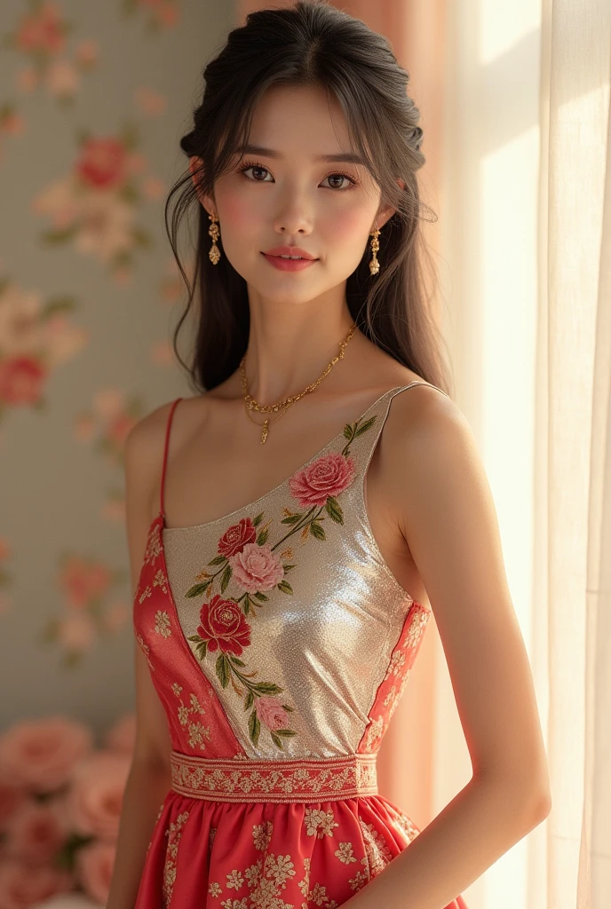 face is :9,2568750808], Realistic college girl in formal clothes、chubby figure、Plump、Big、stature　155cm、maternal、Gentle smile、((Longer dress、Shining Red、Gorgeous Dresses、Shift the shoulder straps))、((lyin in bed、Lie on your back))、A smile, Look at the viewer, Raw photo, (8K、top-quality、​masterpiece:1.2)、(intricate detailes:1.4)、(Photorealsitic:1.4)、octane renderings、Complex 3D rendering ultra detail, Studio Soft Light, Rim Lights, vibrant detail, super detailing, realistic skin textures, Detail Face, Beautiful detail eyes, Very detailed CG Unity 16k wallpaper, make - up, (detailedbackground:1.2), shinny skin、turned around、