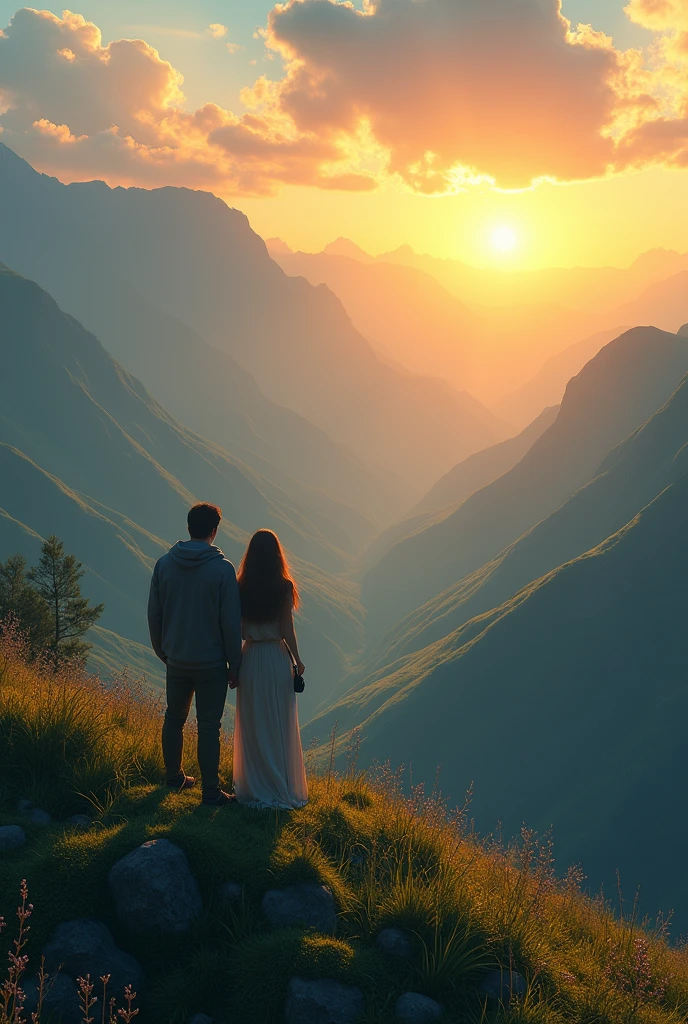sunset mountain soft rain couple in love watching