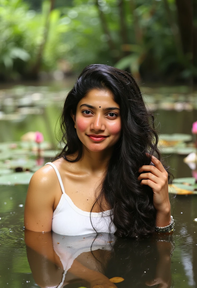 Design a magazine cover for 'Ai_indie.' The cover features a captivating scene of a Indian woman emerging gracefully from a serene forest pond filled with blooming lotus flowers and a few ducks swimming nearby. The woman's body and wet hair glisten as she runs her hands through her hair, droplets of water catching the soft, natural light. Her confident gaze is directed at the viewer, creating a striking connection. The pond reflects the ambient light filtered through the lush forest canopy, with vivid greenery and natural textures enhancing the tranquil atmosphere. The magazine title, 'Ai_indie,' is prominently placed in a modern, minimalistic font to complement the ethereal artwork