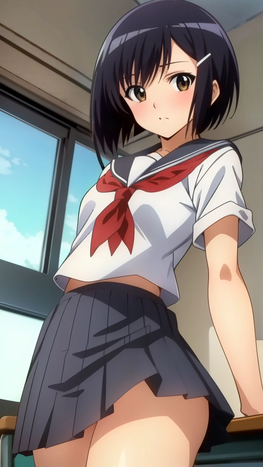 shinkai makoto, kimi no na wa., 1girl, bangs, bed sheet, black hair, blush, breasts, medium breast, brown eyes, red bow, short hair, solo, upper body, white long sleeve shirt, cowboy shot, lying, medium breasts, on back, grey skirt, bedroom, pov, boy's arm breast gropping POV