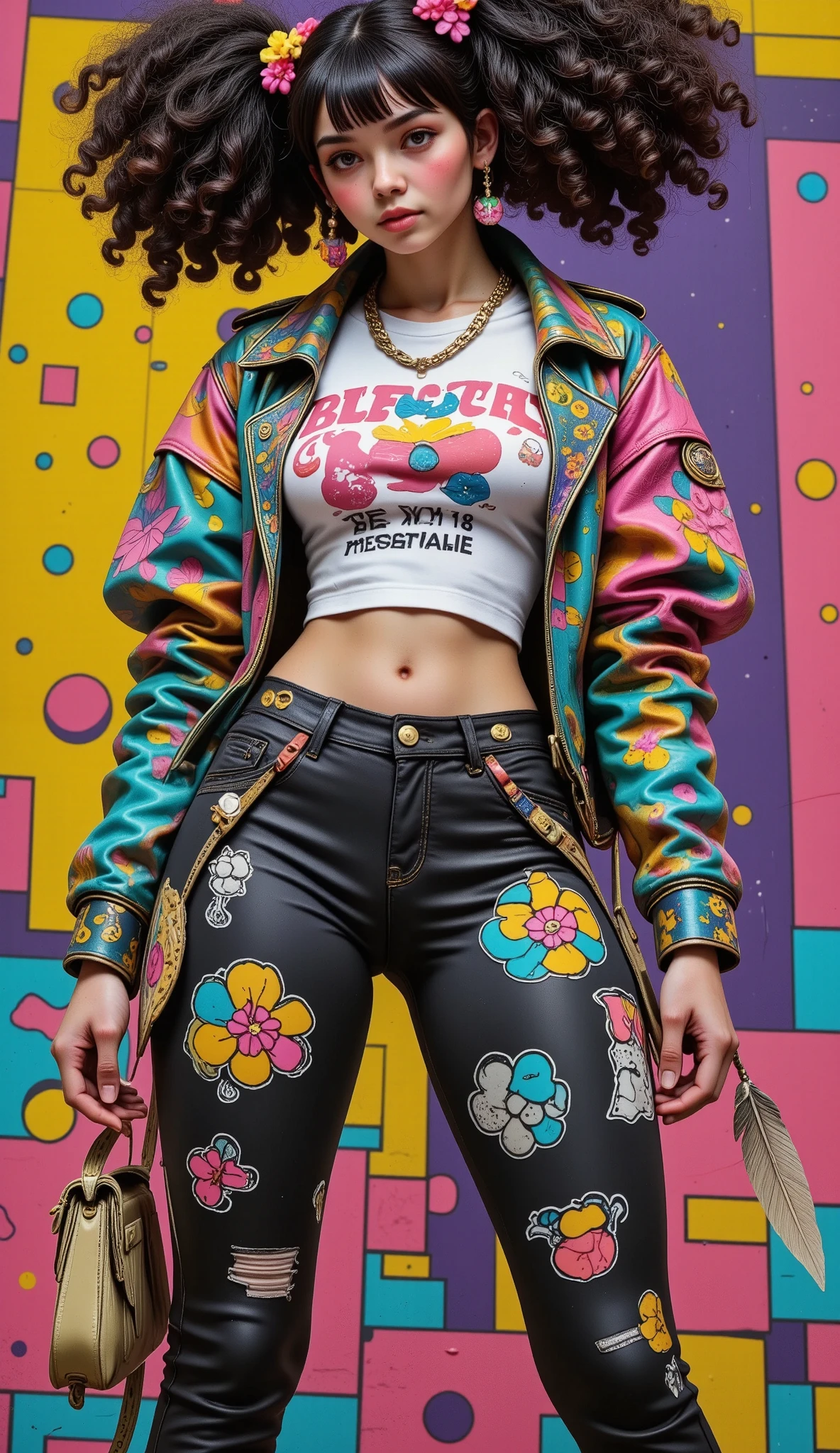 (  official art  ,   beautiful and aesthetic  :1.2), ( a girl:1.3),(fractal art:1.1),(colorful:1.1)(flores:1.3),highest detailed,(tangled:1.2),   full body hair drill , (  abstract background  :1.3), ( shiny leather), (many colors:1.4), ,(earrings), (feathers:1.5),
