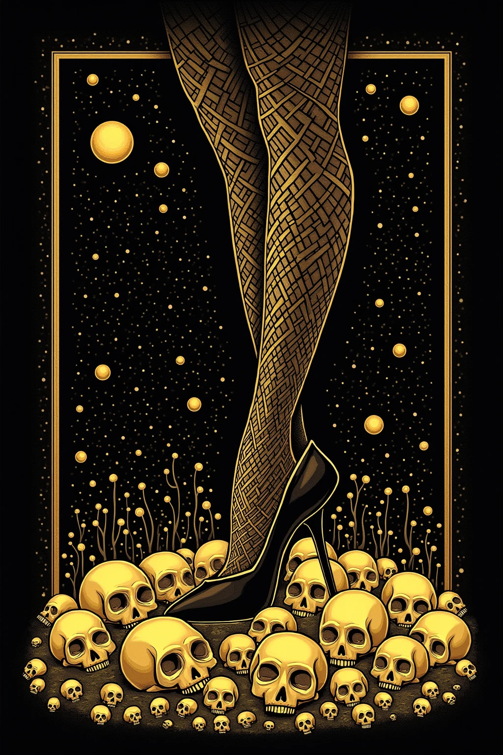  gold illustration on black background ,Lots of skulls rolling to the ground are stepped on huge high-heeled feet,mcbess poster,  Detailed photo of the album cover  , hypervivid intense mcbess,  Space horror illustration , mcbess, by Tom La Padula,  Hilix artwork , mcbess illustration,  Cosmic Horror Paintings ,  inspired by Michael Defoge illustration ,  decorative galactic gold ,  Detailed Cover Artwork , Gold skull