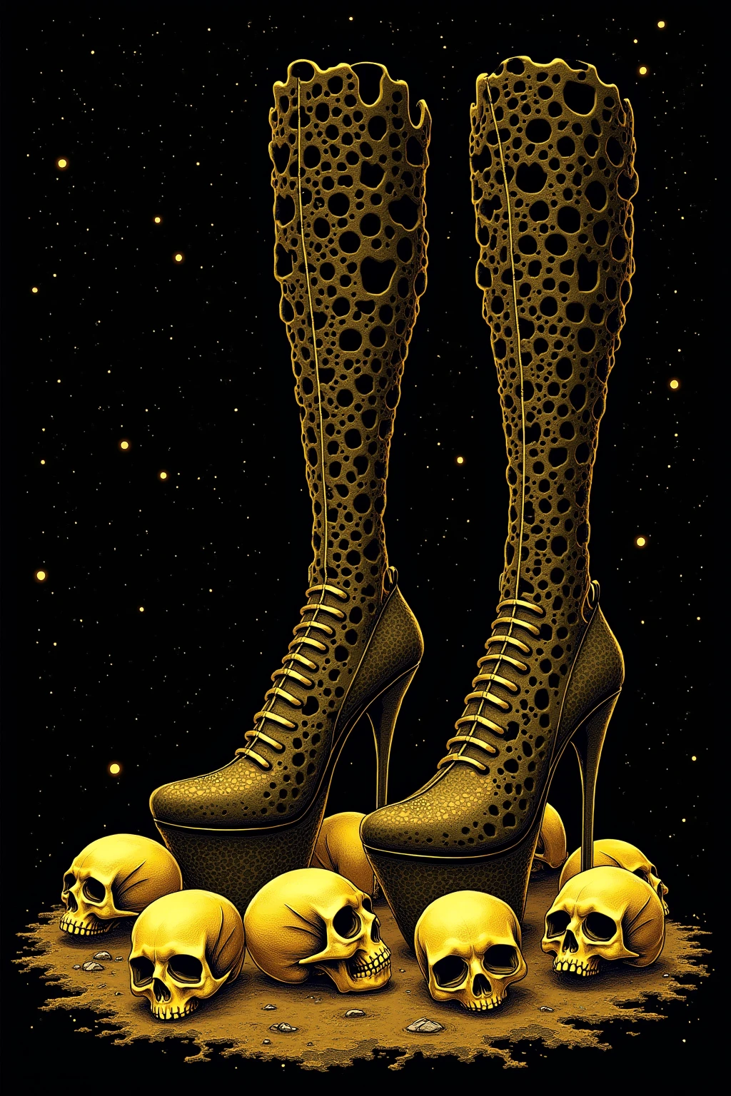  gold illustration on black background ,Lots of skulls rolling to the ground are stepped on huge high-heeled feet,mcbess poster,  Detailed photo of the album cover  , hypervivid intense mcbess,  Space horror illustration , mcbess, by Tom La Padula,  Hilix artwork , mcbess illustration,  Cosmic Horror Paintings ,  inspired by Michael Defoge illustration ,  decorative galactic gold ,  Detailed Cover Artwork , Gold skull