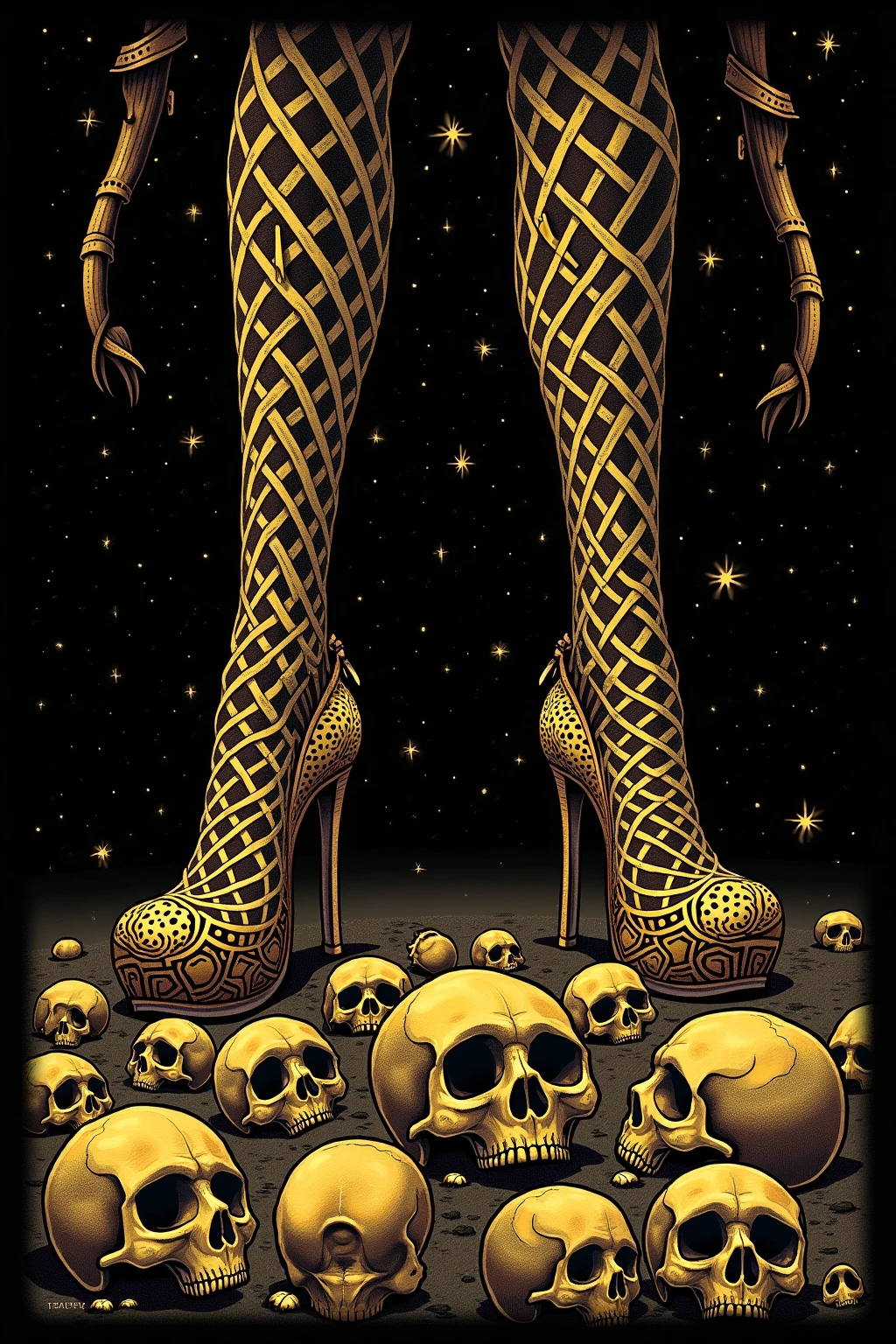  gold illustration on black background ,Lots of skulls rolling to the ground are stepped on huge high-heeled feet,mcbess poster,  Detailed photo of the album cover  , hypervivid intense mcbess,  Space horror illustration , mcbess, by Tom La Padula,  Hilix artwork , mcbess illustration,  Cosmic Horror Paintings ,  inspired by Michael Defoge illustration ,  decorative galactic gold ,  Detailed Cover Artwork , Gold skull