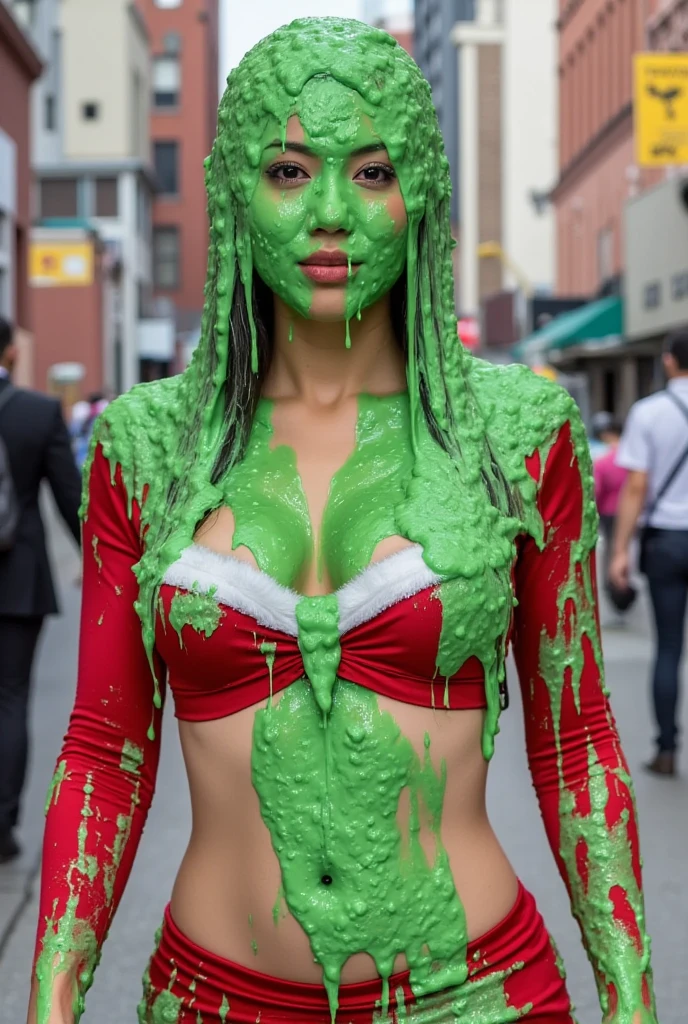 DSLR photograph. Beautiful Chinese woman covered in green water. Photorealistic. Wet liquid. Nasty slime. Raw photo. New York City streets. Daytime. Green Slime. Dripping green goo. 21 years old. (Asian: 1.1). Green water. Portrait photo. Beautiful Asian face. Santababe. Santa dress. Cleavage.