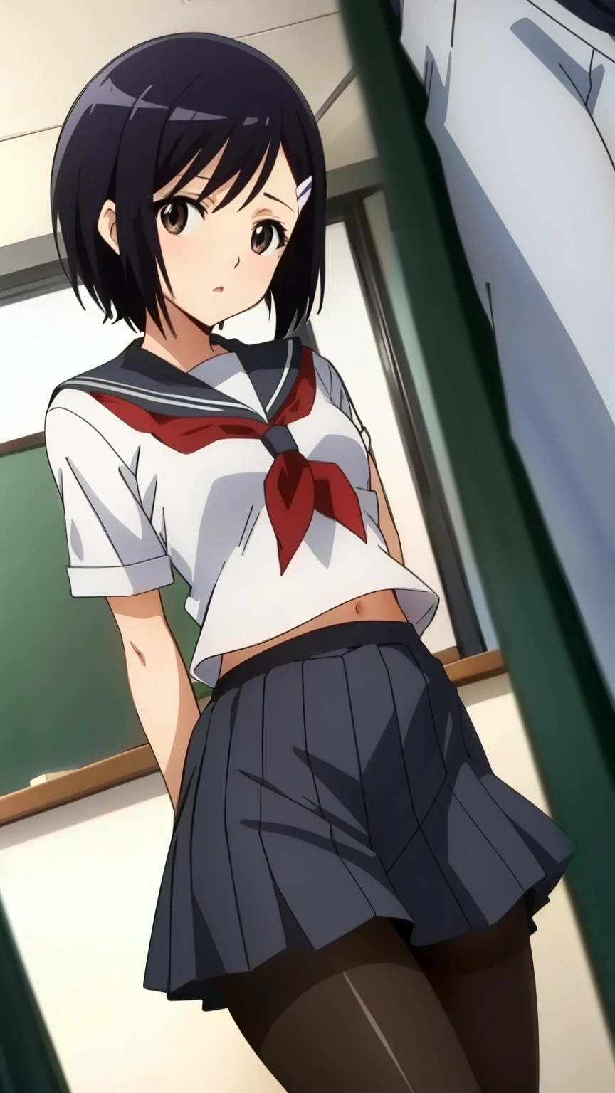 (Top quality, masterpiece, 8k), (anime coloring), Very detailed, very detailed, perfect face, beautiful eyes, perfect eyes, detailed eyes, feature large highlight, detailed face, ultra-detailed, detailed eyes, symmetrical eyes, (dynamic angle), sharp details, tomoe, black hair, black brown eyes, (short:1.3), (small breasts), short hair, hairclip, healthy skin, slim, slim body, (classroom, school uniform, pantyhose), (cowboy shot:1.5), looking at the viewer, in the center of the image