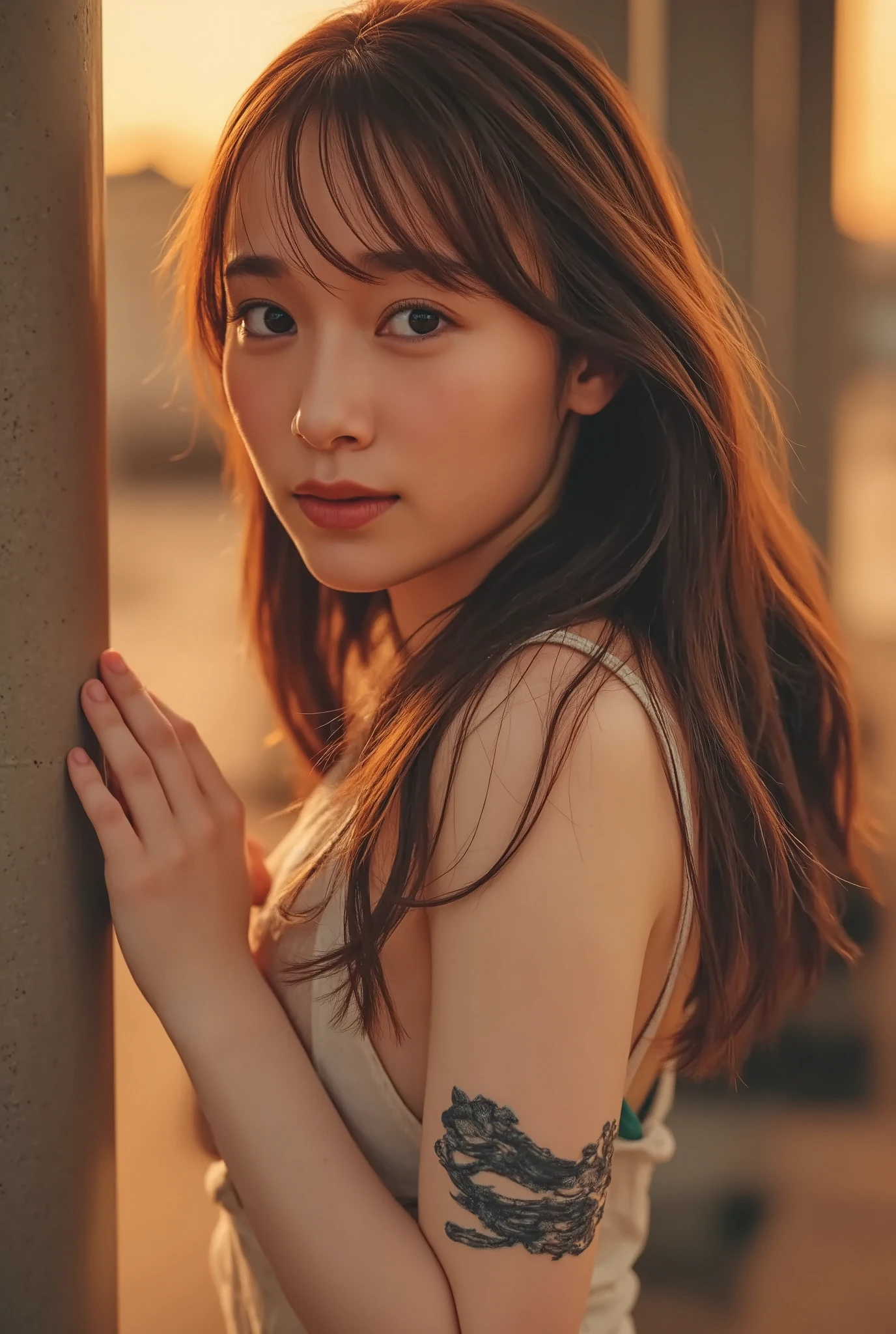 nsfw:1.2, from below:1.4,front focus:1.5,(8k RAW photo,Live Shooting, top quality , masterpiece:1.37), Extreme light and shadow, full body shot :1.5, shiny maroon hair , long hair, ,bangs, ( Clean brown eyes 、 sparkling eyes , fine grain)、 ultra-detailed eyes sandwiched between columns、 VERY DETAILED FACE 、 very detailed eyes ,, One Girl , Alone、 Masterpiece , cowboy shooting , super high res,nsfw、 One Girl , , ( short tank top, damaged denim shorts)), white skin,( Sunset Background:1.4)