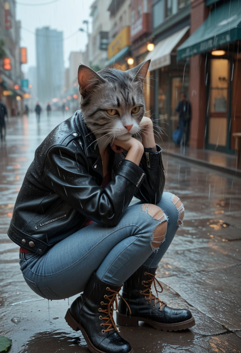 cyberpunk cat, punk, cyberpunk outfit, sitting on the sidewalk, drinking beer, cinematic shot, hard shadows, Fujifilm XT3
