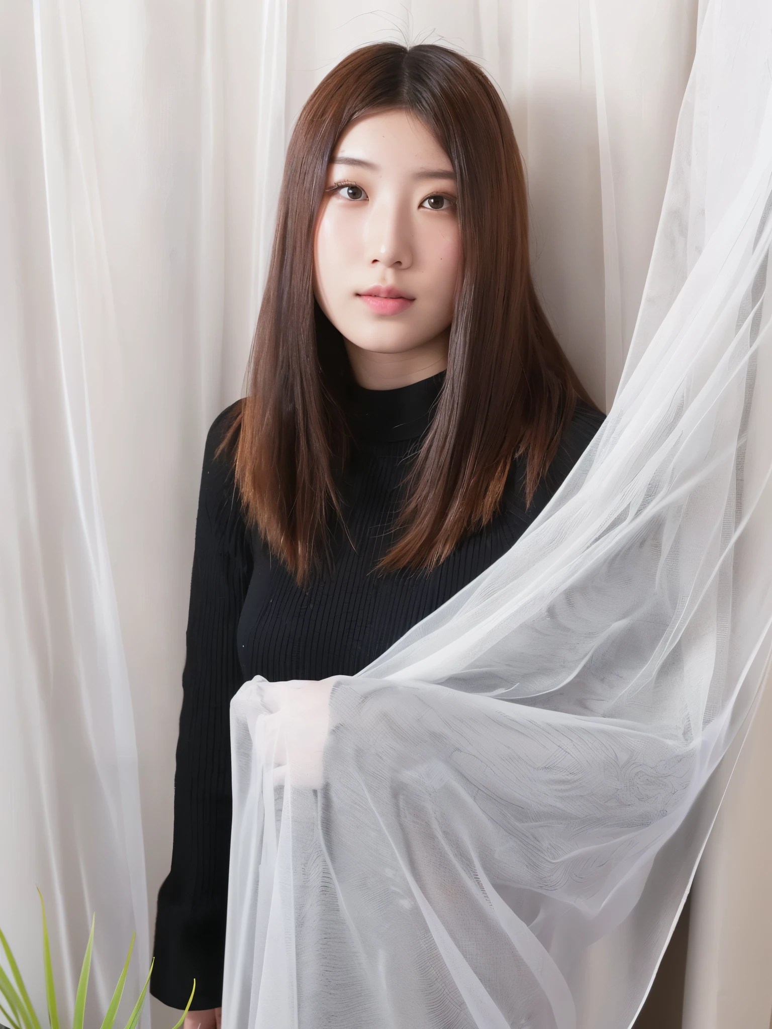 A young woman is wearing a grey knitted、Hiding the mouth。Long black hair is beautiful、Only the eyes are visible。The background is a simple beige wall.、The overall atmosphere is calming.。