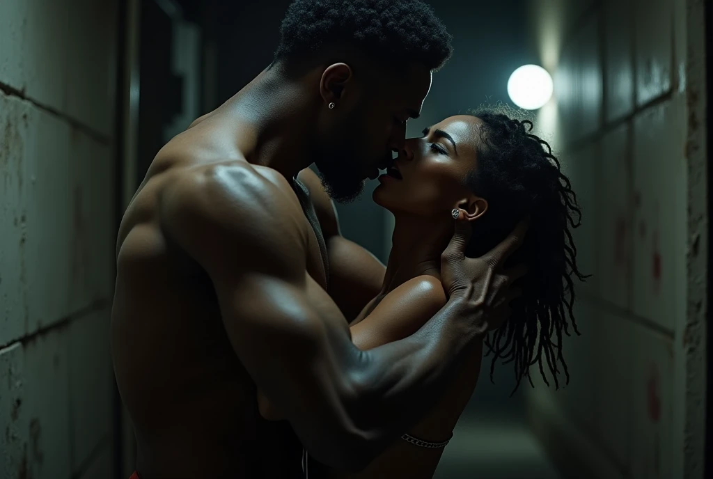 A hyper realistic image of a white tall muscular man holding a black short woman against a wall, and his hand is on her neck, they are standing close together. A dark theme, they are standing in a room.