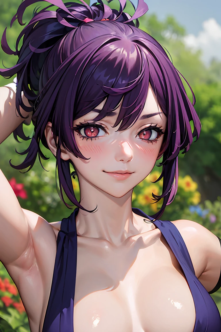 (Best quality at best:1.1), (tmasterpiece:1.2), sportrait, 1个Giant Breast Girl, yuzuriha_(earthly bliss), Purple colored hair, Brown eyes, ninjartist, Open your clothes, Chopping, little breast, Top knot, Medium hair, breasts parted, white sash, pervert smirk, Outdoor activities, (Be red in the face:1.1), blossoms (National Security Work Week 1.5)