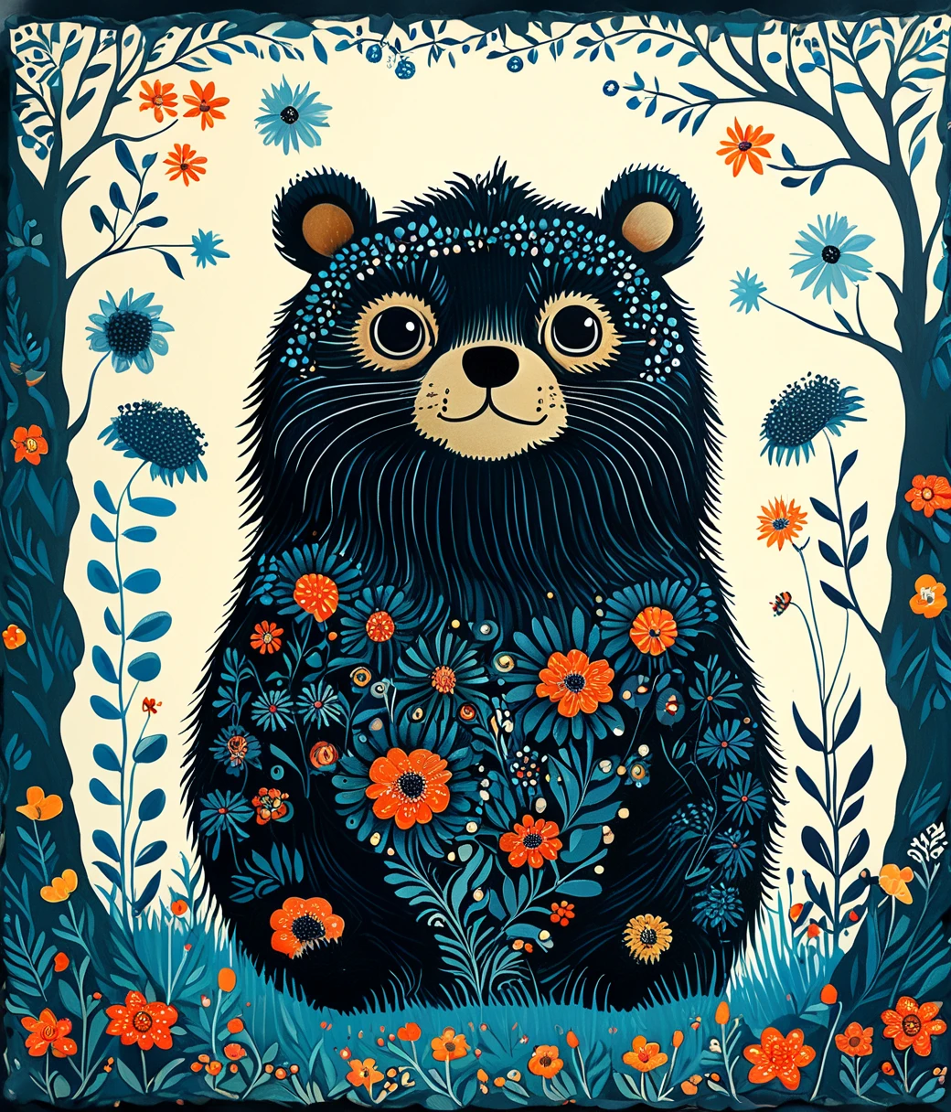 style of Rob Ryan, (cute, chubby, male, bear), adorable, magical, fantasy, hires textures, highly detailed, intricate details, best quality, masterpiece, zPDXL3