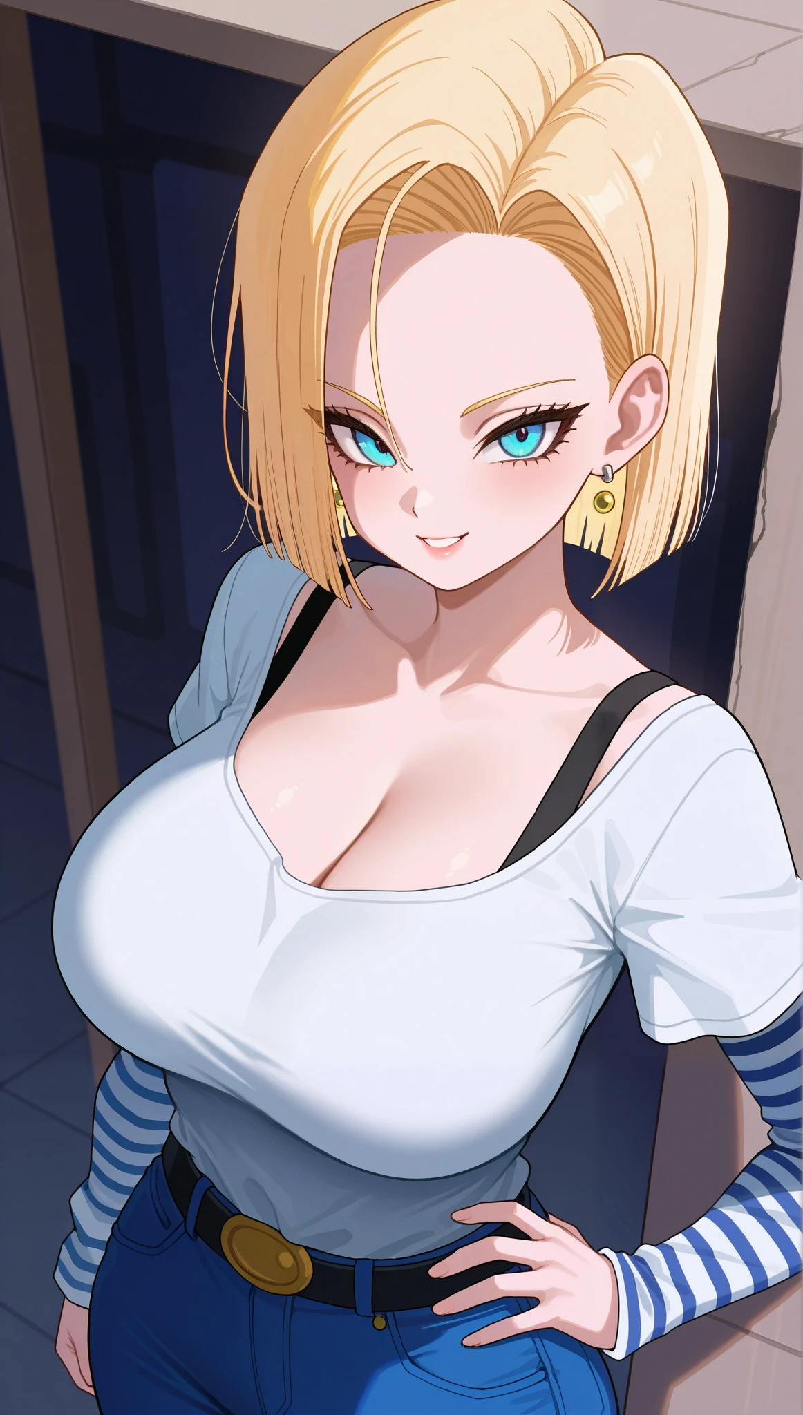 (masterpiece), (portrait), big breasts (aesthetics), ((1 female 21 years old)), Highlight earrings), ((short hair)), ((Hot crystal blonde hair)), ((Android 18)) straight hair, thin eyes open, blue eyes, cute, naughty, malicious smile, woman, feminine, beautiful, female features, top, high quality, aesthetic clothing, professional angle, (rule of thirds), (feminine), , (beautiful) , (female ) features), solo, (Korean attractive), summer, (ink haze), (afternoon), (vibrant light), seductive posture, ((face looking forward))), Android 18,  striped sleeves blouse, black strap t-shirt, jeans, sensual ((Energy)), (Bold Makeup), (Big Breasts), Fair Skin, (Clothes with Hip Hop Details), (a hot Android 18, sculptural body, sexy pose), (Sleep Neckline), Beautiful Hands, Body beautiful, beautiful ears, beautiful eyes, bright eyes, beautiful mouth, beautiful lips, destroyed city