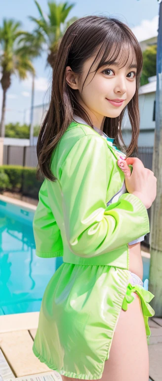 Highest quality、masterpiece、beautiful、detailed、Year: 12、Black hair twin-tailed female elementary school student、Height: 140cm、beach、Pouring sunlight、Dynamic pose、Spraying water with a water gun、Angle from below、smile、Slim figure、Soaking wet、erectile nipples、open vagina、pussy、hyperRealistic、Sheer clothing