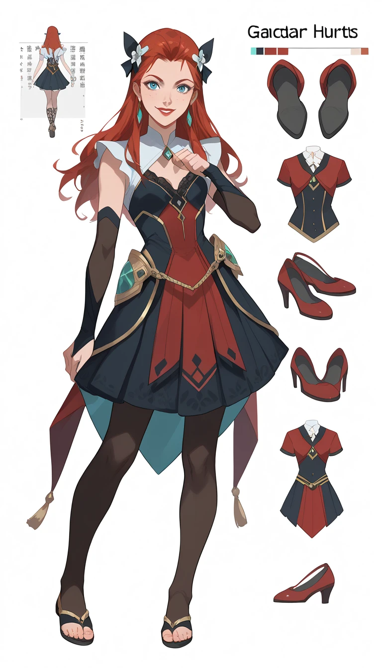 ((full body shot, standing, feet on the ground)) Keyleth, ((character design sheet)), masterpiece, best quality, highly detailed, score_9, score_8_up, score_7_up, score_6_up, anime source,BREAK, 2girl, long hair, blue eyes, flower, hair bow, small breasts, bow, looking at viewer, freckles, parted lips, smile, full body, red lips, lips, boots leather ballet slipper, side-front, She looks at you, your gauze hurts, fishnets, white background, neutral cast, dance pose, gladiador sandals:1,6
