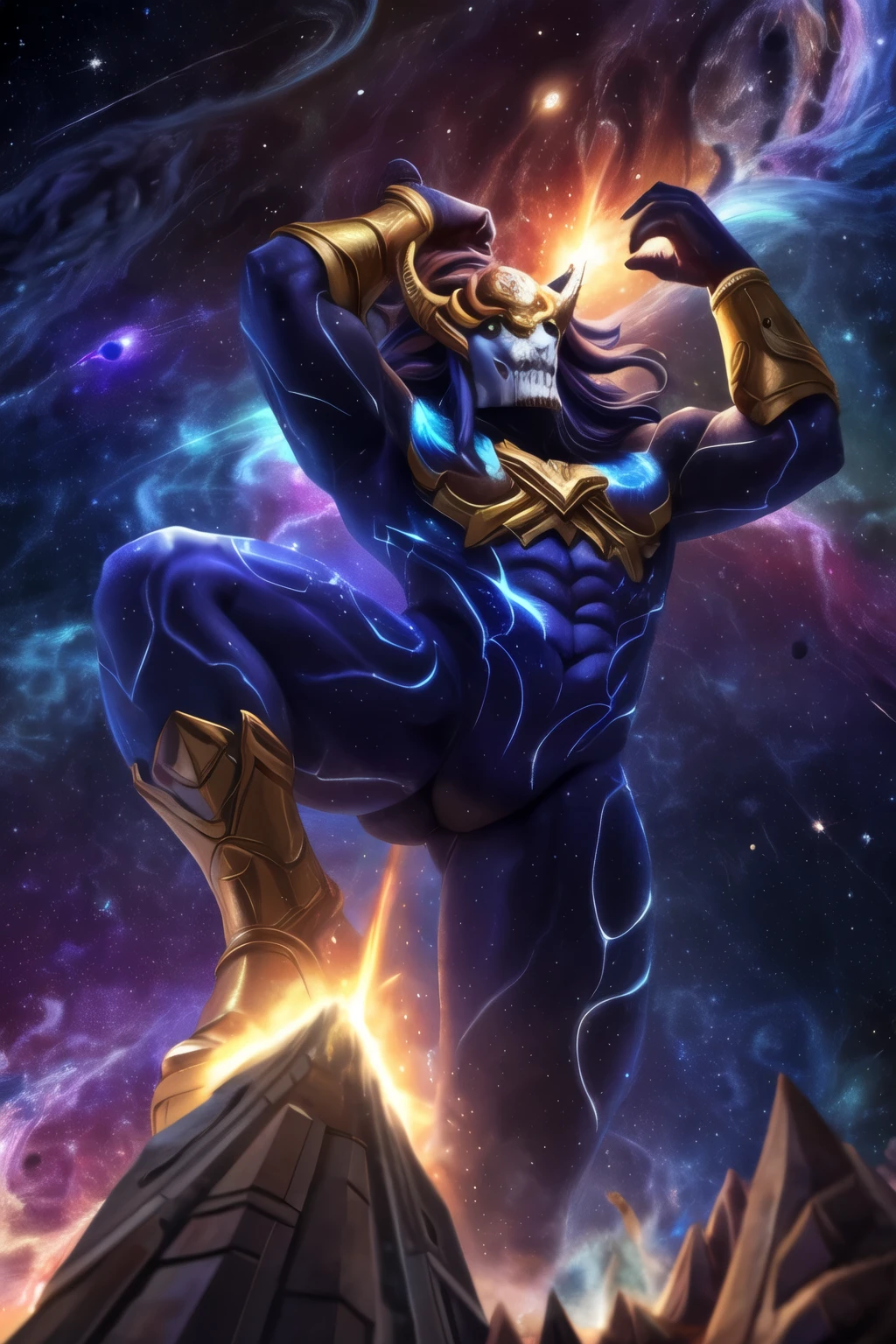 ((best quality)), ((masterpiece)), (detailed), (full body), aurelion sol (lol), galaxy skin, nebula skin, macro, raising his leg about to destroy tiny Earth, in space, low angle