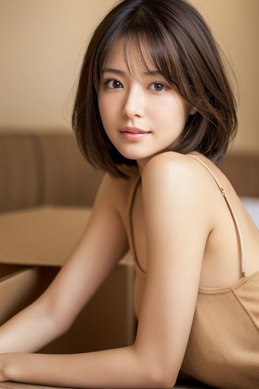 (1 beautiful woman, high resolution, wallpaper 8K screen, top quality, realistic, super detailed, exquisite and perfect dynamic composition, (48 years old), (realistic skin texture), (overall skin fine lines: 1.3) , (dull skin: 1.1), (skin without moisture: 1.2), (wrinkles on the face: 0.9), (wrinkles at the corners of the eyes: 1.2), double eyelids, tear bags in the lower eyelids, eyes facing away, Serious expression, straight gaze, (dimples: 1.2), sharpness, dense and beautiful eyes, short hairstyle, thin hair, smile, short bangs, short hair, thin blouse with a wide neckline, flat chest, close to the waist Fitted flare pants, (portrait focusing on upper body), (angle from leg: 1.5),