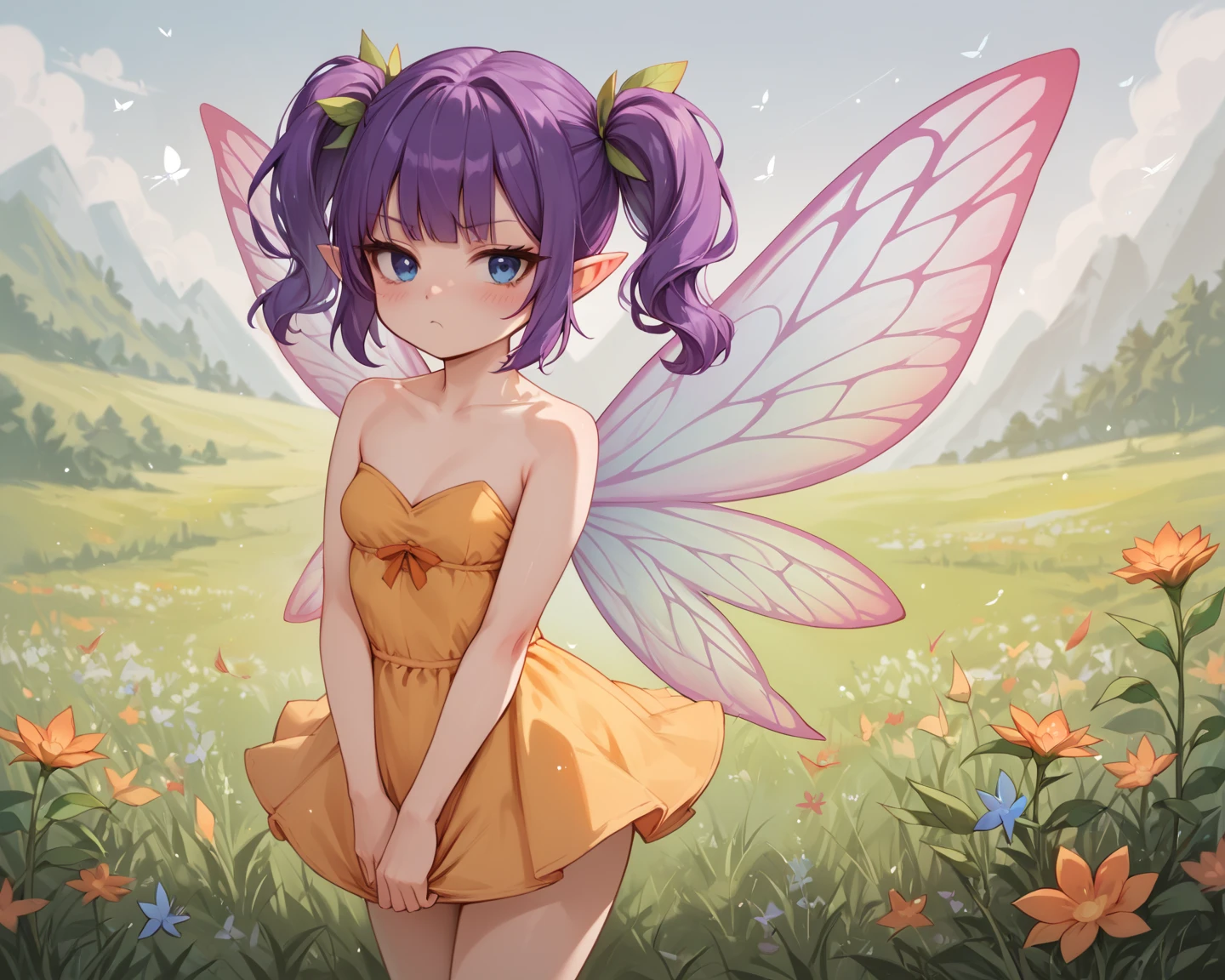 score_9_up, score_8_up, score_7_up, 1girl, solo, source_anime, fairy, FairyForm, Fairy Wings, Wings BREAK 

Short twintails, fairy wings, bangs, small breasts, purple hair, blue eyes BREAK 

Orange sundress, strapless, bare shoulders BREAK 

Standing, looking at viewer, bored face, blush BREAK 

Outdoors, grass, flowers, cloudy sky, day BREAK 