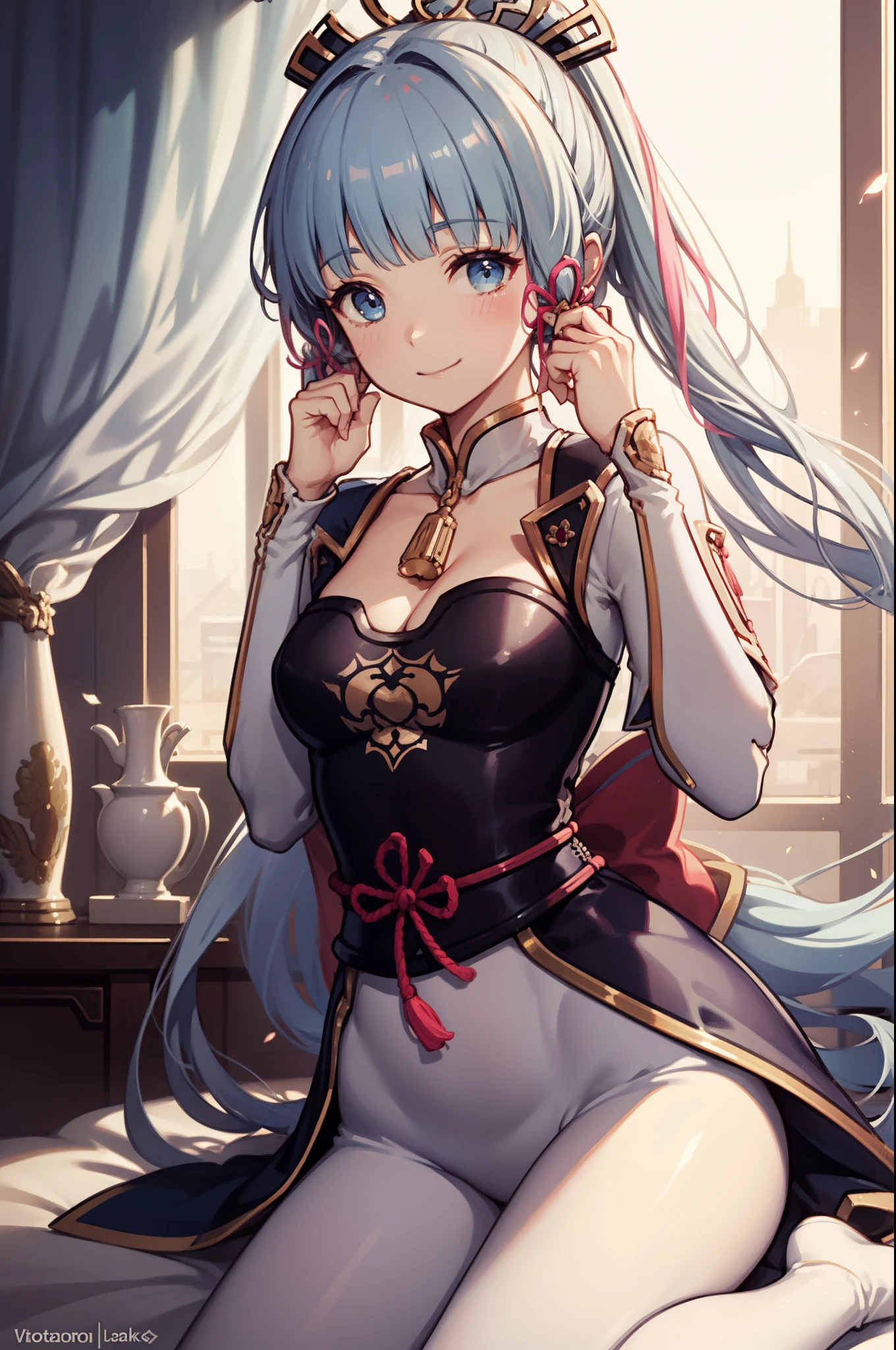 (Highest image quality),(A masterpiece),(Super meticulous),(Eye detail description:1.0),(lens flare glow:1.0),(filmposter:1.0),(Tarot border:1.0),(closeup cleavage:1.0),(Negative space:0.8),(Negative space:1.6),(独奏),(Photorealistic:1.4), (Masterpiece, side-lighting, fine detailed beautiful eyes: 1.2), Masterpiece*Portrait, Realistic, 3D face, Ganyu \(Genshin Impact\), 1girll, ahoge, architecture, By bangs,Bare shoulders,bell,black glove,Black tights,(blue hair),Blushlush,Beautiful breasts,Chinese knot,the sleeve,flower knot,mitts,cow horn,long whitr hair,middlebreast,Neckbells,the maid outfit:2.0,maid costume:2.0,happy laughing,Squinted eyes,gentleness,extremely shy:2.0,Be red in the face:2.0,exhilarated,Not facing the lens,Super happy:2.0,Drink coffee at a coffee shop:3.0,ssmile,Playful,Super meticulous,Lunette de soleil,sneak shot,grin,Close your eyes,Smiling eyes,Candid photos of girls:2.0,Back shadow:2.0,Addicted to playing games,Arcade,