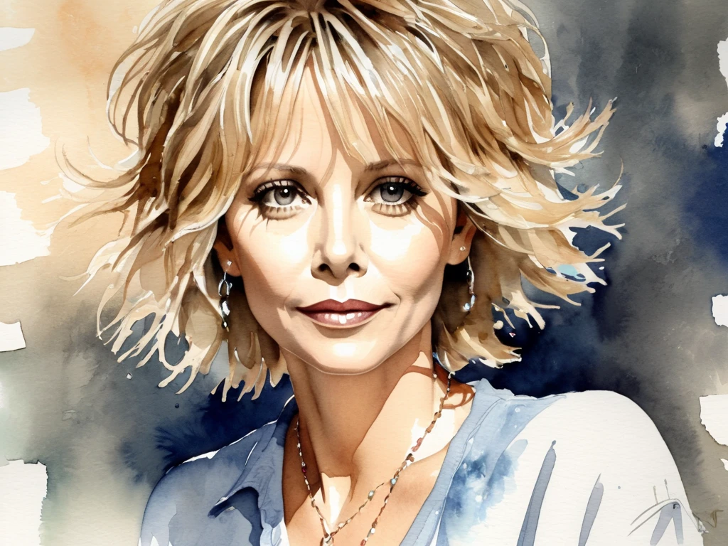 water color painting of Meg Ryan, full short