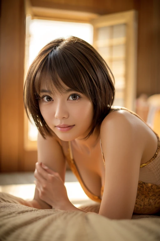 (((Shoulder length brown straight short bob)))、(((She has a Hawaiian beach in the background、Posing like a model at a hair salon.)))、(((Wearing a black micro bikini)))、Face close-up、Half Japanese and Korean、18 year old girl、Independent、Look forward、Light eye makeup、Brown Hair Color、Flat 、Hair blowing in the wind、quality of actress、Shiny, Ultra-realistic faces、Smile expression、Moist eyes、look up、calming lighting effect、 Ultra-Realistic Capture、very detailed、High resolution 16K close-up of human skin。Skin texture should be natural、Must be detailed enough to see pores、skin is healthy、Must be even tone、Use natural light and colour、High-quality photos taken by a model agency's exclusive photographer、smile