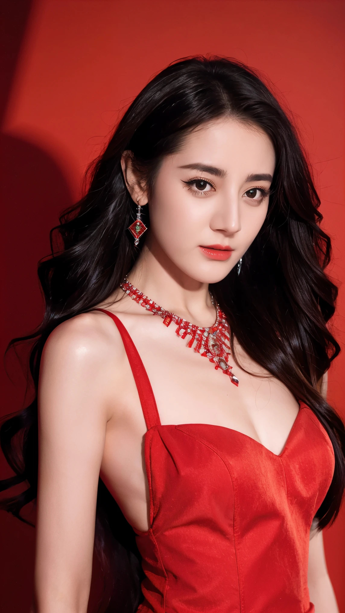 Ultra HD resolution，artistic photos，Photography，21year girl,earrings,long hair,Red background,Black backless dress,necklace,cowboy shot,H cup，Showing cleavage，Expose more breasts，Amazing breast size，Erect nipples，Show areola，Bigger breasts，Smooth and beautiful back，Completely bare back，Cold white skin，Buttocks are big