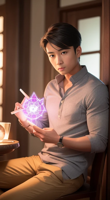 Detailed paintings depicting handsomeness, Young Asian man in casual clothes is assembled by a series of glowing magic cards and in the middle《dungeons and dragons》A book surrounded.