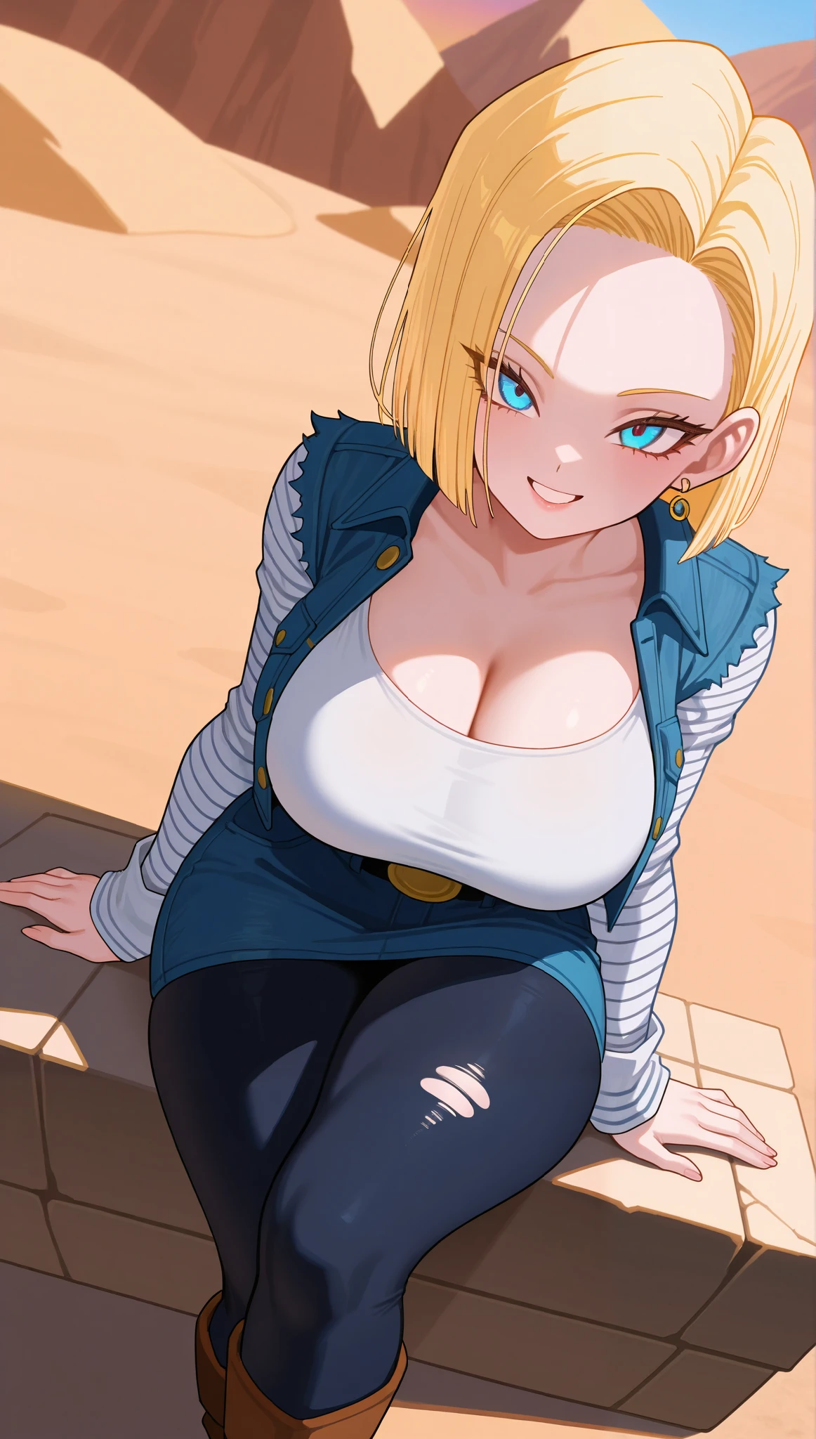 (masterpiece), (portrait), big breasts (aesthetics), ((1 female 21 years old)), Highlight earrings), ((short hair)), ((Hot crystal blonde hair)), ((Android 18)) straight hair, thin eyes open, blue eyes, cute, naughty, malicious smile, woman, feminine, beautiful, female features, top, high quality, aesthetic clothing, professional angle, (rule of thirds), (feminine), , (beautiful) , (female ) features), solo, (Korean attractive), summer, (ink haze), (afternoon), (vibrant light), seductive posture, ((face looking forward))), Android 18, denim jacket, denim skirt, boots, torn black tights, striped sleeves blouse, black strap t-shirt, jeans, sensual ((Energy)), (Bold Makeup), (Big Breasts), Fair Skin, (Clothes with Hip Hop Details), (a hot Android 18, sculptural body, sexy pose), (Sleep Neckline), Beautiful Hands, Body beautiful, beautiful ears, beautiful eyes, bright eyes, beautiful mouth, beautiful lips, sitting, crossing legs, isolated, rocks, desert place