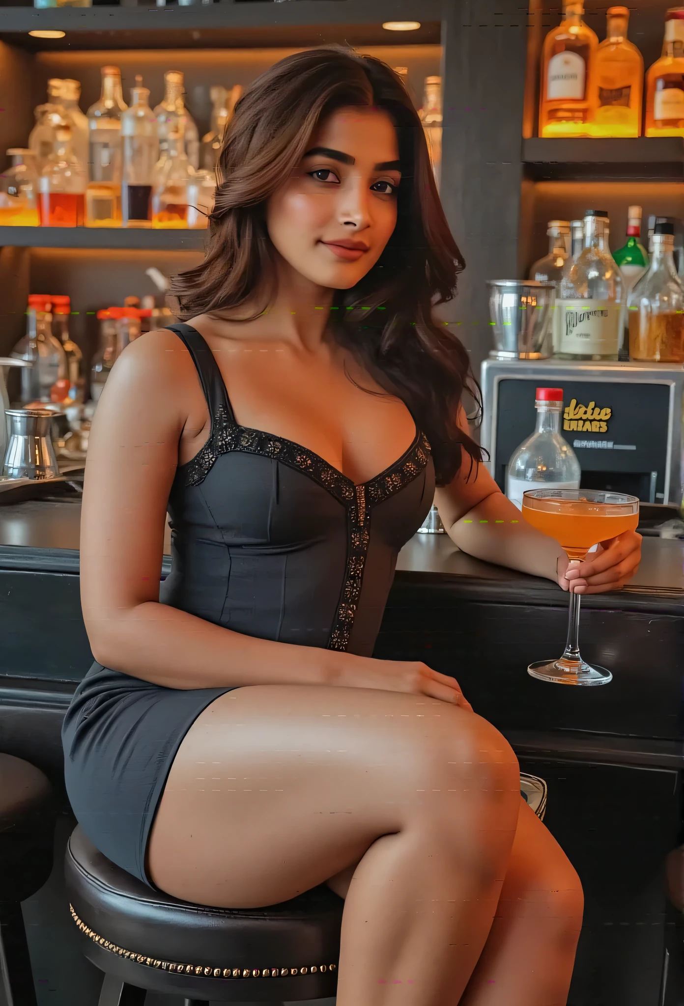 An Indian woman with brown skin and striking features, dressed in a tight, elegant corset, sitting confidently at a dimly-lit bar. The corset accentuates her figure, and her long, dark hair cascades down her shoulders. The bar has a warm, moody atmosphere with vintage decor, amber lighting, and shelves stocked with colorful liquor bottles. She holds a cocktail glass in one hand, exuding confidence and mystery."