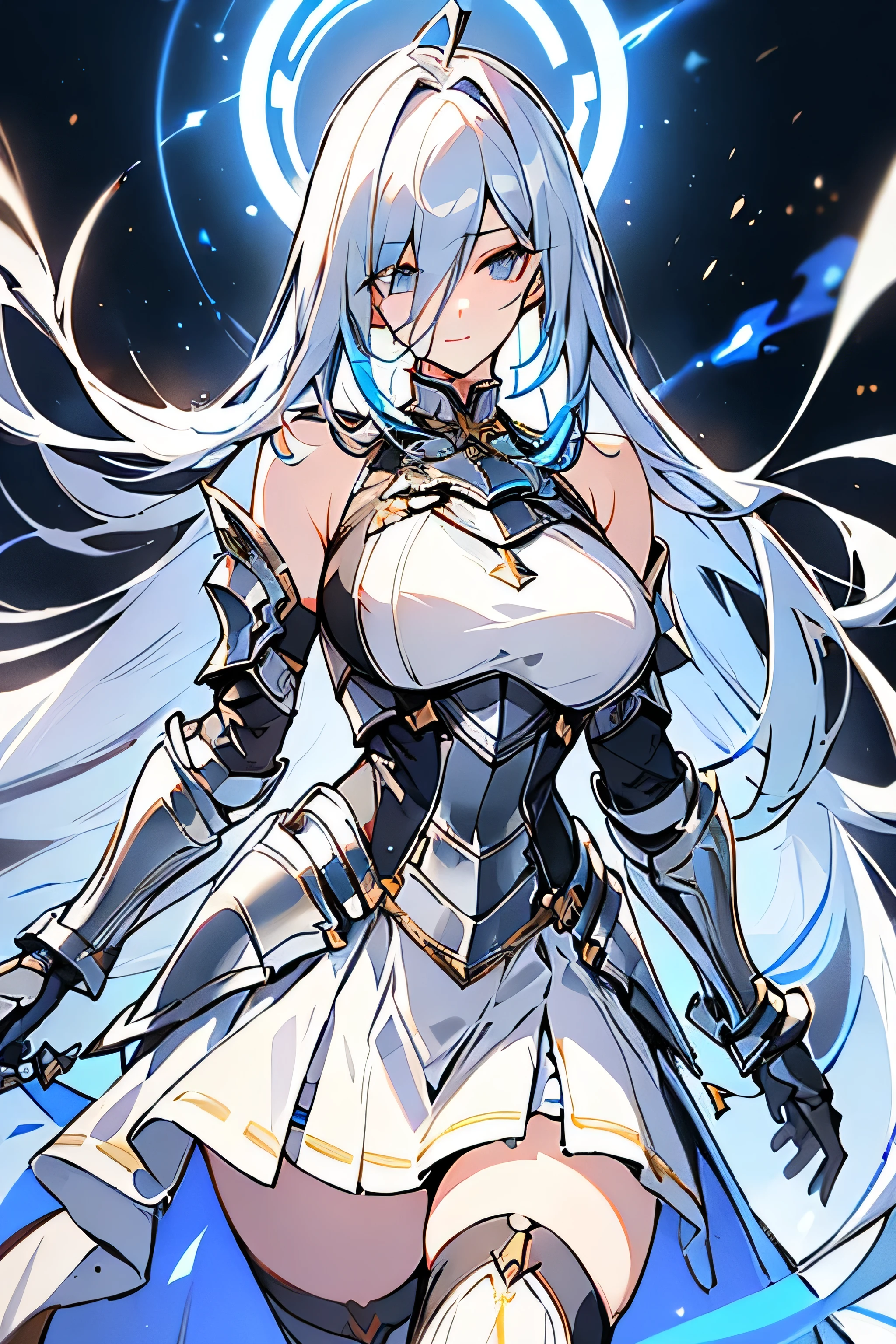 highres, highest quality, illustration, ultra detailed, (detailed face), (detailed eyes), cinematic lighting, best quality, hyper detailed, masterpiece, an adult age woman, solo, long hair, (blue-streaked silver hair), blue eyes, ((long blue color female knight dress)), (((silver-colored chest armor))), sleeveless, bare shoulder, white color detached sleeves, gold armlets, ((white skirt)), black high thigh stocking, luminous eyes, big breasts, light rays, (colorful), head to thigh, magic circles, exquisite fantasy outfit design, steady pose