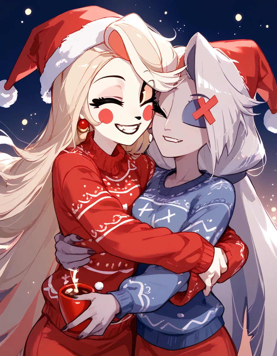 Charlie and Vaggie, Christmas sweater, smiling, sketch 2 girls, beautiful, teeth, cofee cup, bow, perfect anatomy, looking at viewer, christmas hat, hug from behind, hugging from behind, Vaggie closed eyes, hugging neck from behind, peace sign hand