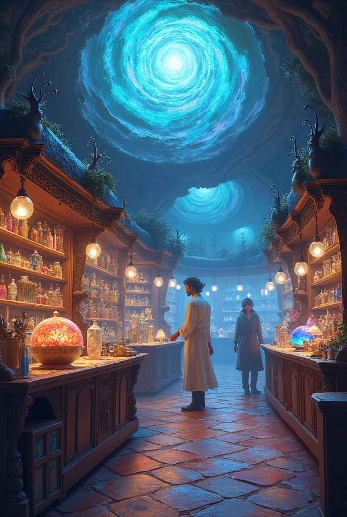 a sexy girl in a sexy dress tends the store at the counter, fantastic store, Fantasy world, dark, disturbing, strange, unnatural, (Rembrandt Lighting: 1.3) light particles, lens flares, store with several tentacles inside large jars, , a woman shopping, live tentacles for sale inside jars, side chest, forest cat on stage, close-up of the upper part of the body, artistic masterpieces that will go down in history, fantastic backgrounds, memorable scenes, fantastic angles (masterpiece : 1.2), (best quality: 1.2), intricate details, newest, AI generated (Bill Sienkiewicz inspired art, intricate details, oil painting)