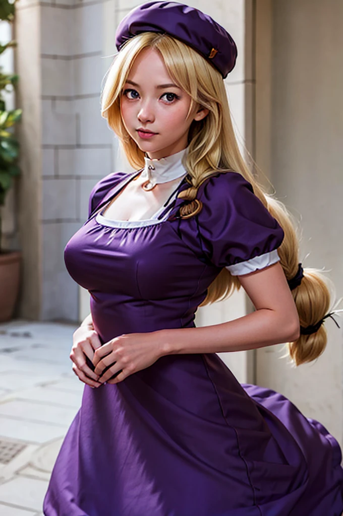 HinakoShijouKof, 1girl, Long blonde hair, purple eyes, sumo, cute face, purple dress sleeve, Brown bag, beret, look at viewer, detailed, realistic, medium breasts, waist, perfect hands 
