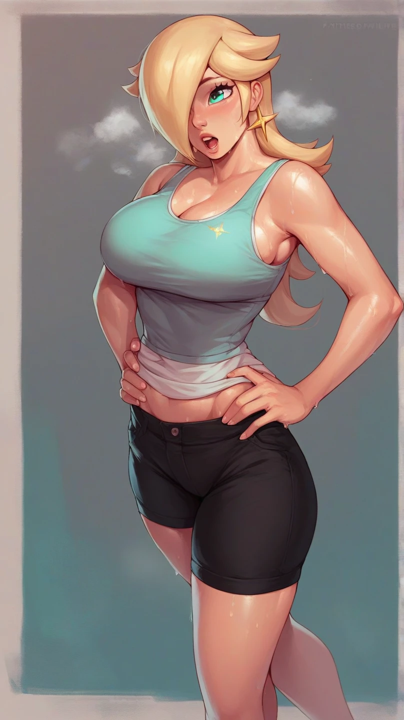 rosalina, blonde hair, long hair, hair over one eye, aqua eyes, cowboy shot, brown eyes, looking at the ground, large breasts, hands on hips, grey tanktop, sweaty, black shorts, extausted, open mouth, dripping sweat, sweating purfusly, chin sweating, arms sweaty, breathing, steam coming out her mouth, full body, sexy