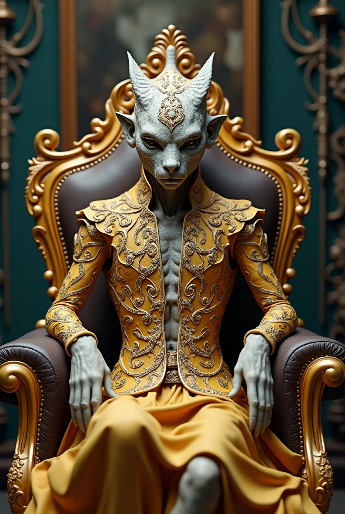 Ancient humanoid creature unaesthetic futuristic with skin ornamented patterns in high relief very detailed ornamental clothes in 4d sitted on a high tech chair, machinery, gadjets, rococopunk, on a room of future baroque in front of a table, photorealistic, blue and yellow shades only