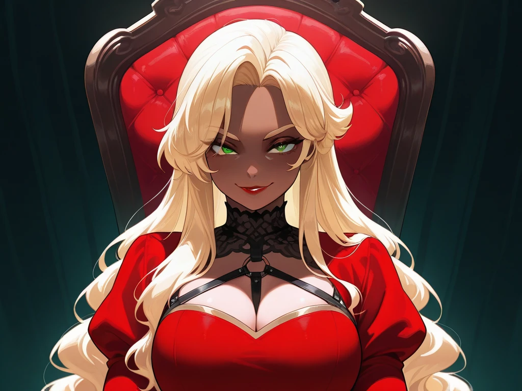  masterpiece , best quality , very aesthetic , OC, female, semi realism, dark tanned skin, red lips, blonde eyebrows, perfect face, long wavy light Ashe blonde hair with bang,  half-closed Green eyes, evil smile, red glamorous, sweet aesthetic, harness and lace mystic, mystic luminescent,,dress sexy sitting on a chair