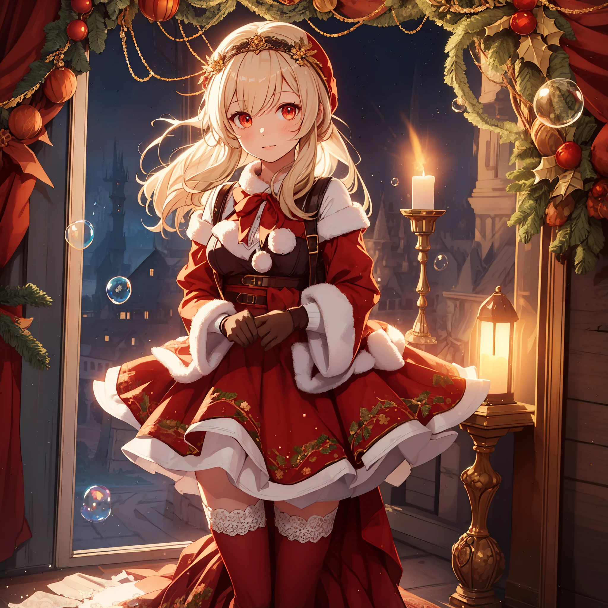  Girl， charming，gorgeous，In Love ，sacred，( Christmas padded jacket，Warm clothing，Little bubble skirt )，blond，klee， red eyes，  Minimalism  ， Multi-layer exquisite ruffles ，Lots of Lace，( Lines on clothes :1.2)，( Exquisite clothing :1.1)，(Multi-layer Skirt ),Princess Crown， Perspective tulle garment ， Beautiful detailed face ， Bedroom scene in Western mythology， movie lights ，night，Single， Metallic Decoration ，lace,(shine:1.2), ( Best Quality ), (masterpiece:1.2)