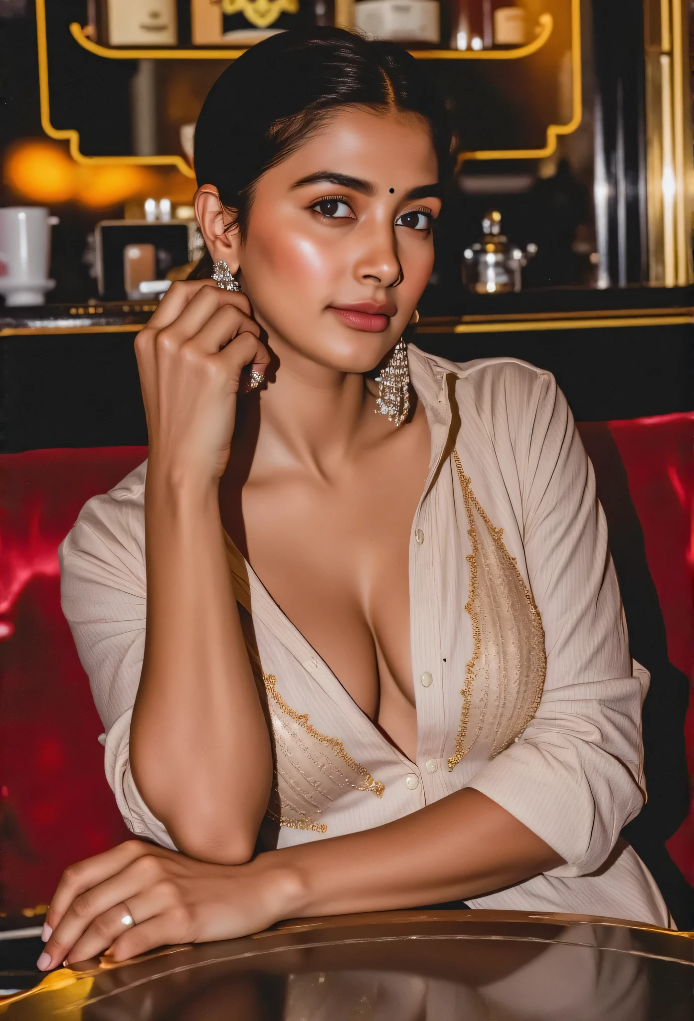 An elegant Indian woman with deep brown skin sits at a luxurious bar, wearing a silky button-up blouse left undone to showcase an intricately embroidered corset. Her jewelry glints under the golden light, and she exudes an air of timeless sophistication while sipping a martini. The bar is styled with art deco accents and velvet furnishings.