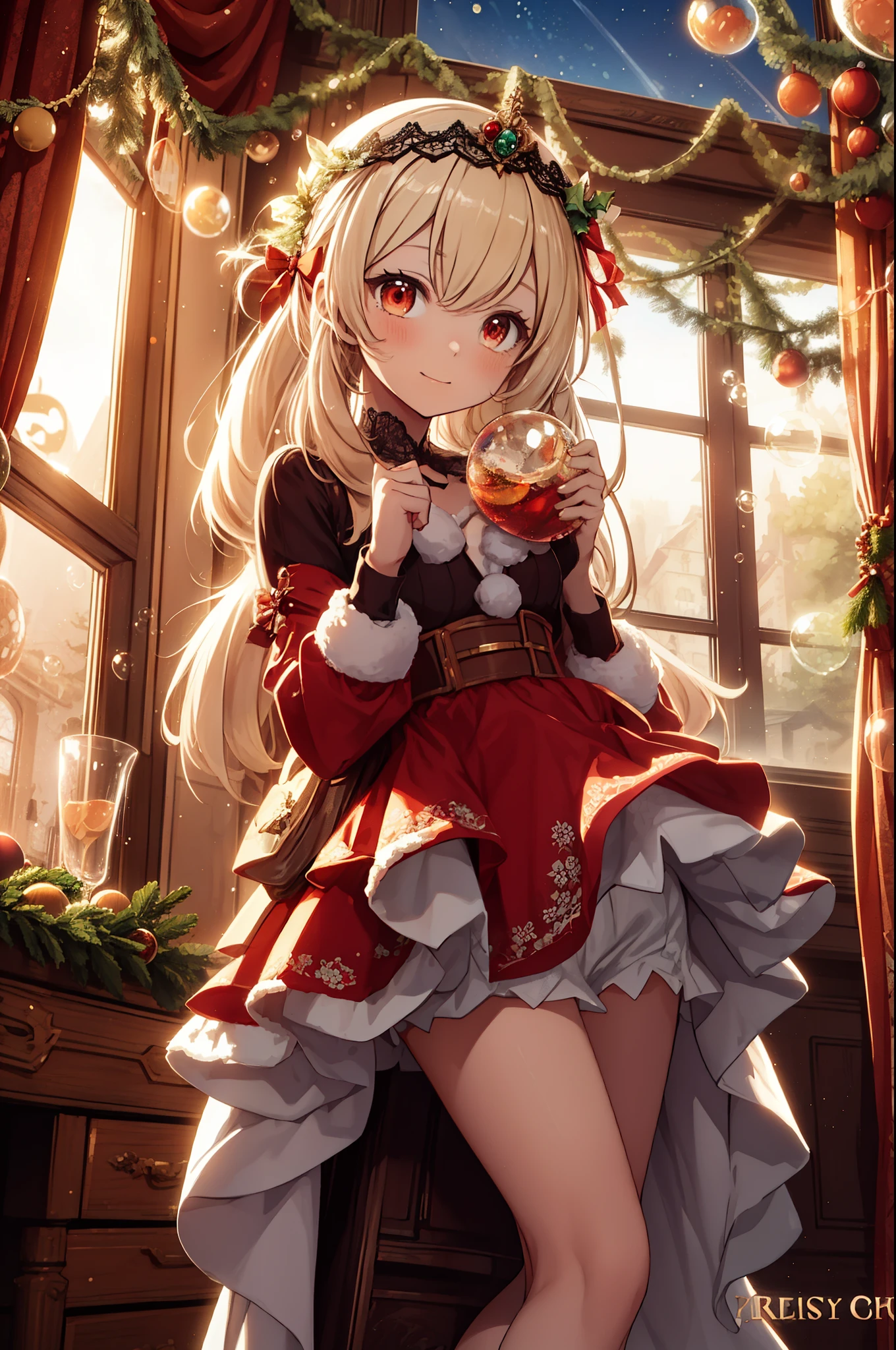 Girl, charming,gorgeous,In Love ,sacred,( Christmas padded jacket,Warm clothing,Little bubble skirt ),blond,klee, red eyes, Minimalism , Multi-layer exquisite ruffles ,Lots of Lace,( Lines on clothes :1.2),( Exquisite clothing :1.1),(Multi-layer Skirt ),Princess Crown, Perspective tulle garment , Beautiful detailed face , Bedroom scene in Western mythology, movie lights ,night,Single, Metallic Decoration ,lace,(shine:1.2), ( Best Quality ), (masterpiece:1.2)