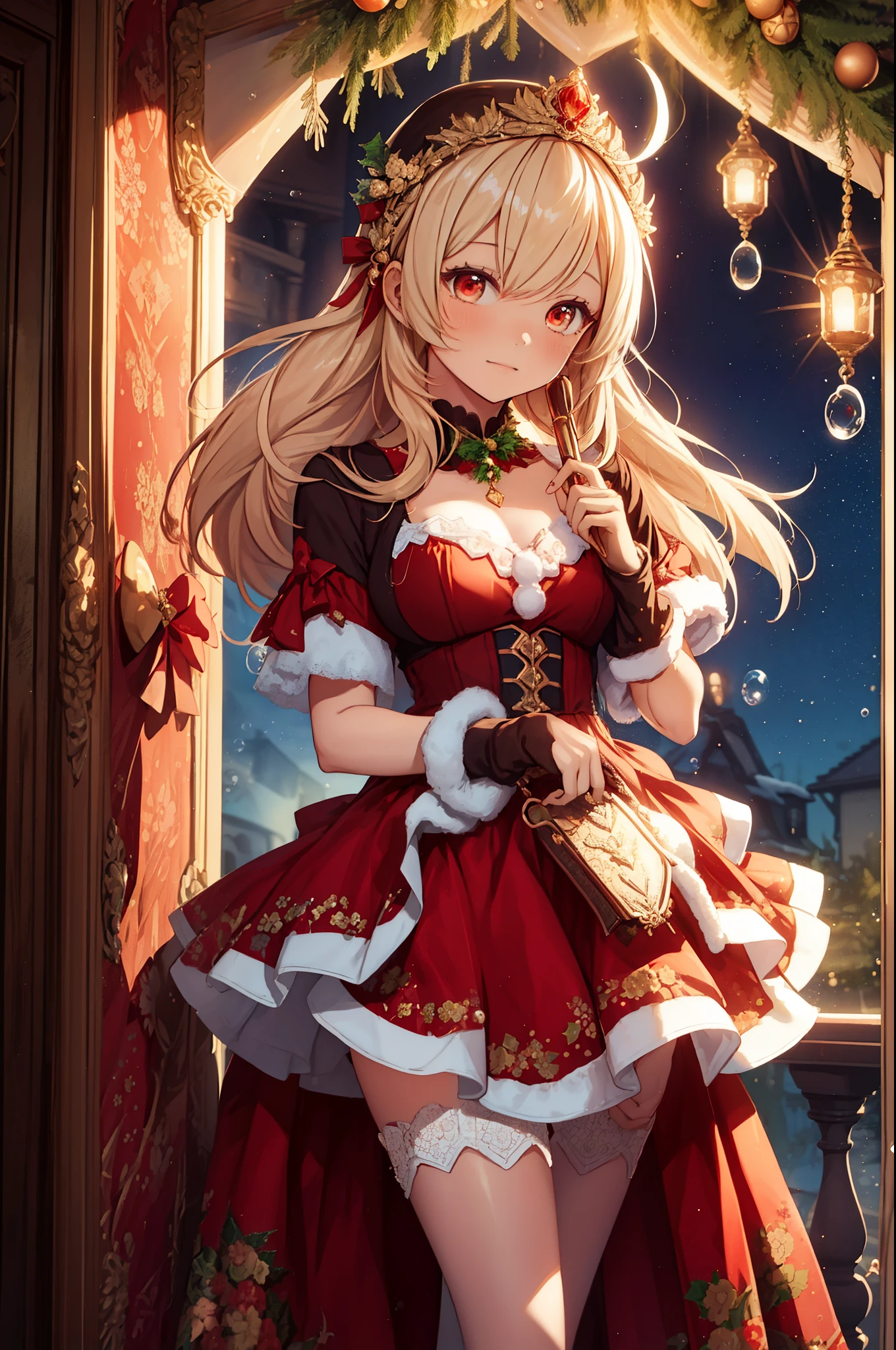 Teenage Girl， charming，gorgeous，In Love ，sacred，( Christmas padded jacket，Warm clothing，Little bubble skirt )，blond，klee， red eyes，  Minimalism  ， Multi-layer exquisite ruffles ，Lots of Lace，( Lines on clothes :1.2)，( Exquisite clothing :1.1)，(Multi-layer Skirt ),Princess Crown， Perspective tulle garment ， Beautiful detailed face ， Bedroom scene in Western mythology， movie lights ，night，Single， Metallic Decoration ，lace,(shine:1.2), ( Best Quality ), (masterpiece:1.2)