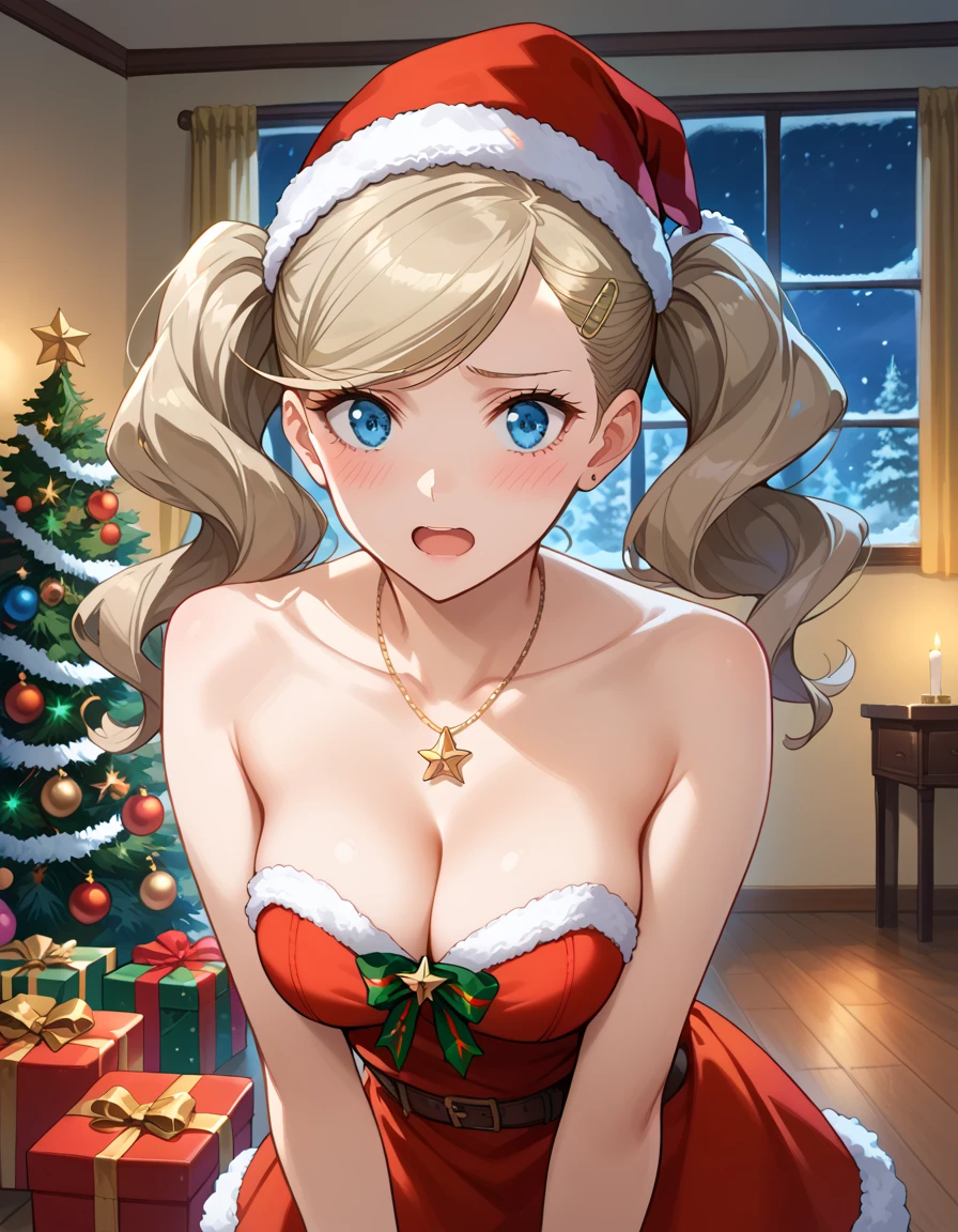 score_9, score_8_up, score_7_up, source_anime, official art, 1girl, medium breasts, anne takamaki, blonde hair, blue eyes, hair ornament, hairclip, long hair, swept bangs, twintails, wavy hair, ( santa hat, santa costume, santa dress, miniskirt, bare shoulder, collarbone, cleavage), necklace,
BREAK 
christmas tree, merry christmas, christmas ornaments, christmas lights, christmas present, candlelight, indoors, night, high-rise apartments, large windows, snowy landscape, backlighting, (light particles, glitter),( embarrassed:1.2), blush, open mouth, looking at view,( standing), happy pose,