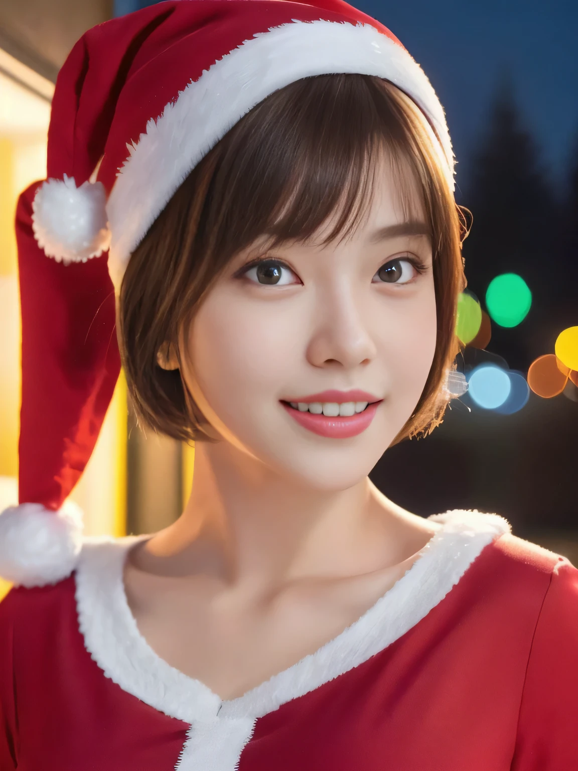 1baby fece girl, Ultra young japanese girl, santa claus clothes and scart, slim fit, incredibly cute, very short hair, Big smile, Ultra beautiful detailed eyes, beautiful detailed lips, extremely detailed face, long eyelashes, innocent, artless, natural makeup, best quality, 4k, 8k, highres, masterpiece, ultra-detailed, realistic, photorealistic, photo-realistic, professional, vivid colors, studio lighting