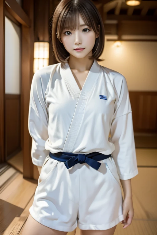 masterpiece, best quality, illustration, Super detailed, fine details, High resolution, 8K,wall paper, perfect dynamic composition,(Details High quality, realistic depiction of eyes:1.3), oversized judo uniform white, sitting, open legs, short bob hair, in a hotel room in the background, large breasts, black hair color, Big Natural Color Lip, (perfect body shape), crying a little、Harajuku style、20 year old girl、cute type、beautiful legs, Gravure Idol
