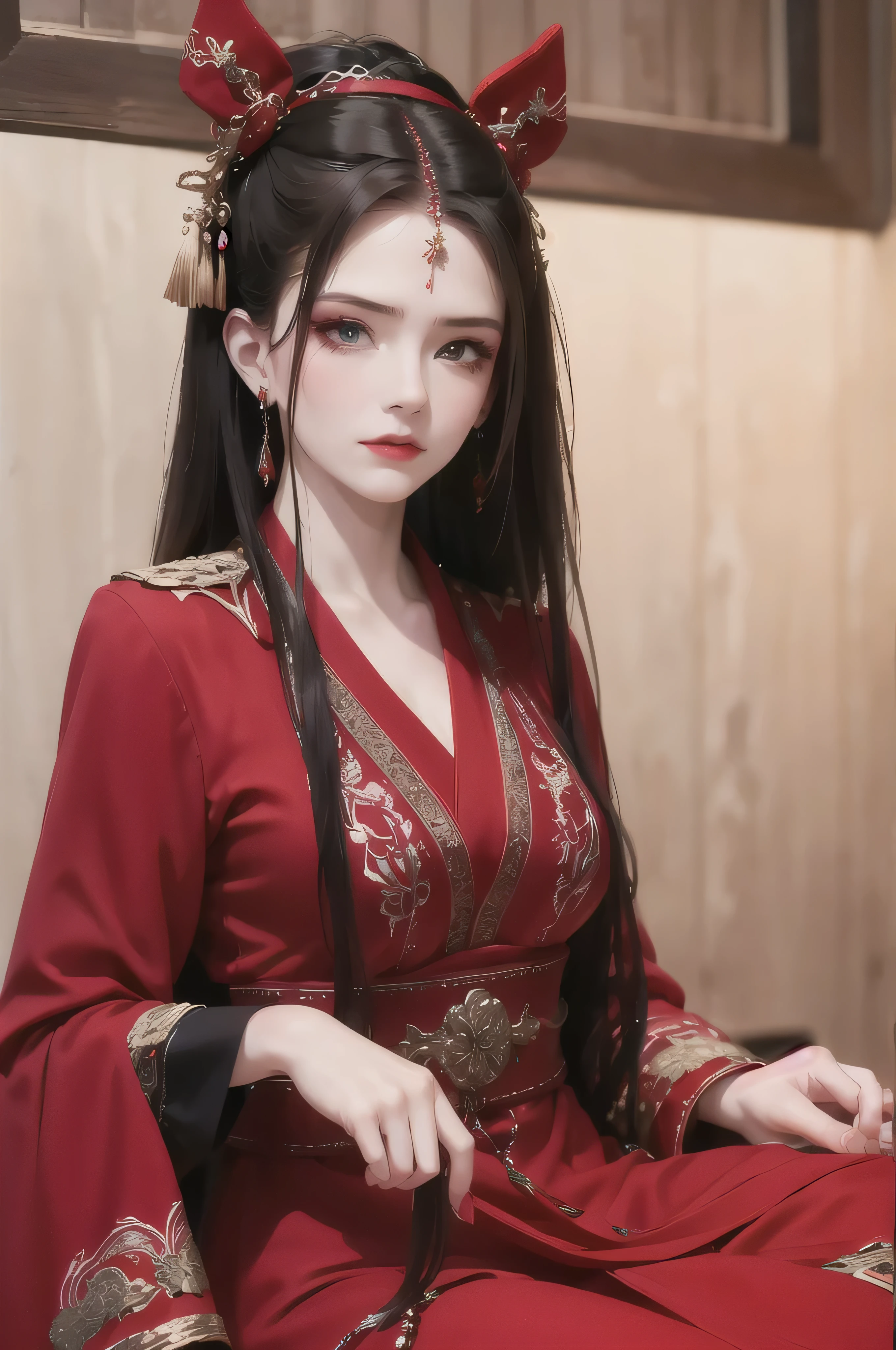 best quality, masterpiece, highres, official art, extremely detailed cg unity 8k wallpaper, 1girl, long hair, jewelry, hair ornament, realistic, she's wearing a beautiful red chinese hanfu dress, ((long sleeves)), ((wearing a red silk mask covering her face)), full body, she looks angry