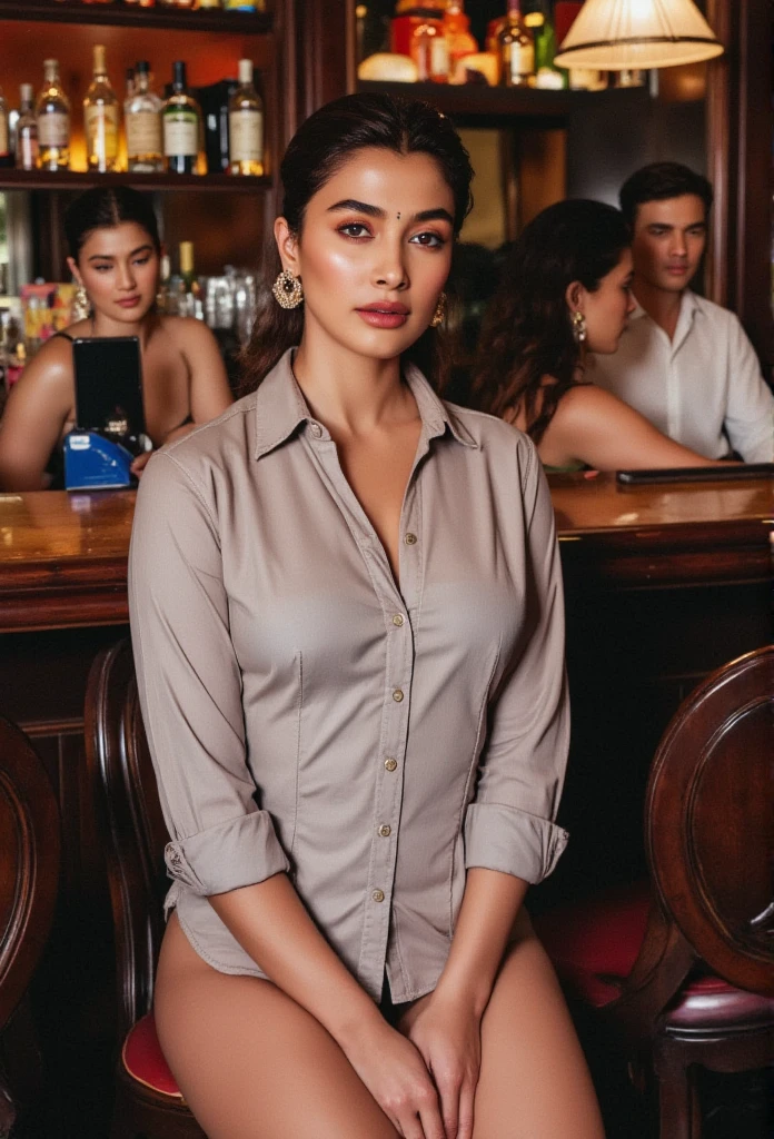 A dusky-skinned Indian woman with intense, captivating eyes, sitting on a vintage barstool in a dimly-lit jazz bar. She’s wearing a slightly oversized men’s shirt with the top buttons undone, hinting at a satin corset beneath. Her red lips match the soft glow of the candlelight on the bar, and the background features a live jazz band playing soft music