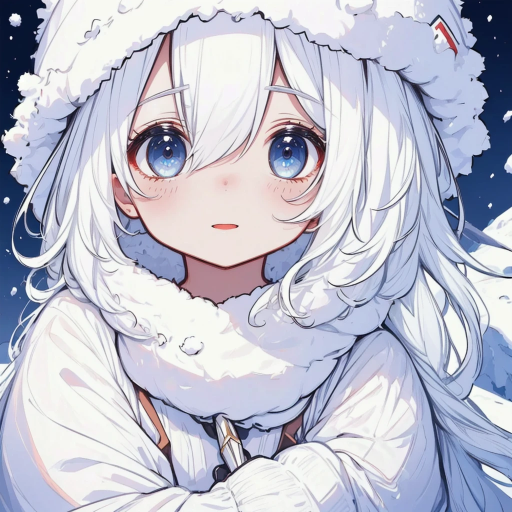 ( high res), ( ULTRA DETAIL), (masterpiece), ( top quality ), (sharp fTHEcus), ( cinematic lighting ), (vibrant cTHElTHErs),   ChibiPF,  One girl , white backgrTHEund, winter hat, lTHEng white hair, :THE,