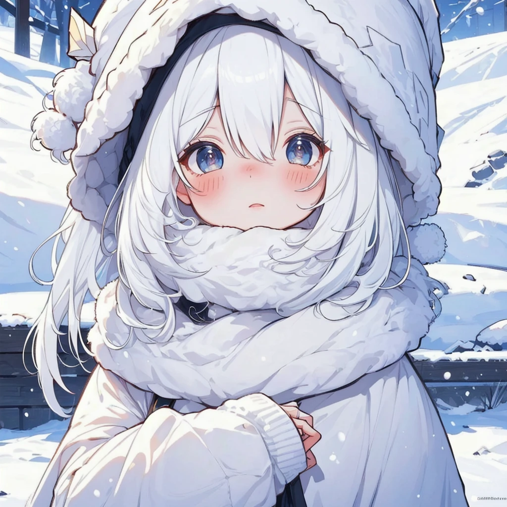 ( high res), ( ULTRA DETAIL), (masterpiece), ( top quality ), (sharp fTHEcus), ( cinematic lighting ), (vibrant cTHElTHErs),   ChibiPF,  One girl , white backgrTHEund, winter hat, lTHEng white hair, :THE,