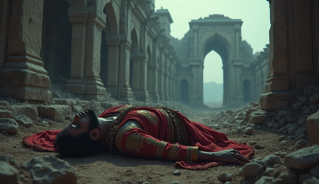 Movie-quality images，8K ultra-clear photo，Chrysanthemums are planted throughout the imperial palace，A general clad in golden armor lies amidst the flowers，There is blood nearby