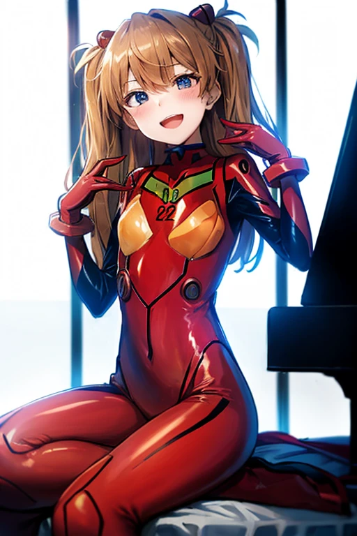 (( top quality )), ((masterpiece)), (be familiar with),  perfect face, indoor, bedroom, Watching viewers,
One woman,  Soryu Asuka Langley,
 open mouth,  ecstatic expression beside the piano, blush, smile,
 small tits,  flat chest, Young girl, Lori,  s,  girl,
 long hair,  twin tails,
Leg spread,